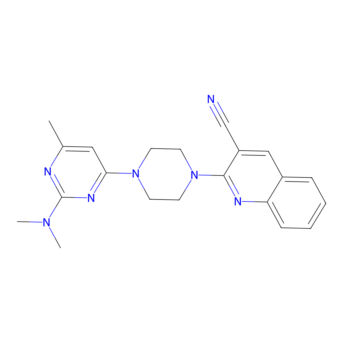 2-{4-[2-(Dimethylamino)-6-methylpyrimidin-4-yl]piperazin-1-yl}quinoline-3-carbonitrile molecular structure, CAS 2415599-20-9