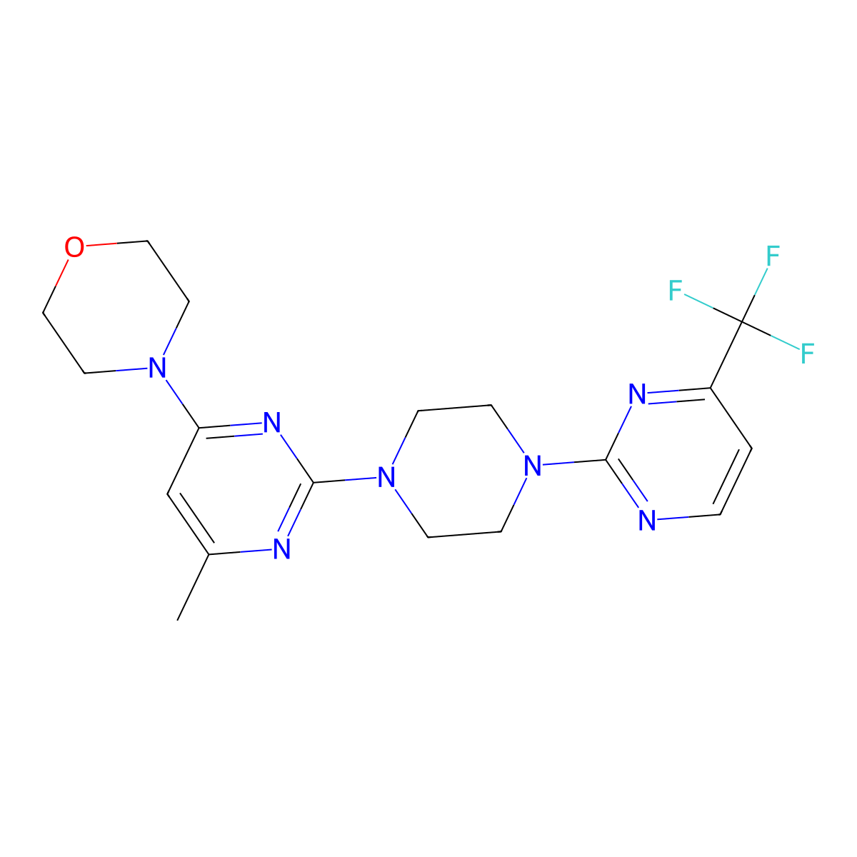 4-(6-Methyl-2-{4-[4-(trifluoromethyl)pyrimidin-2-yl]piperazin-1-yl}pyrimidin-4-yl)morpholine molecular structure, CAS 2415599-27-6