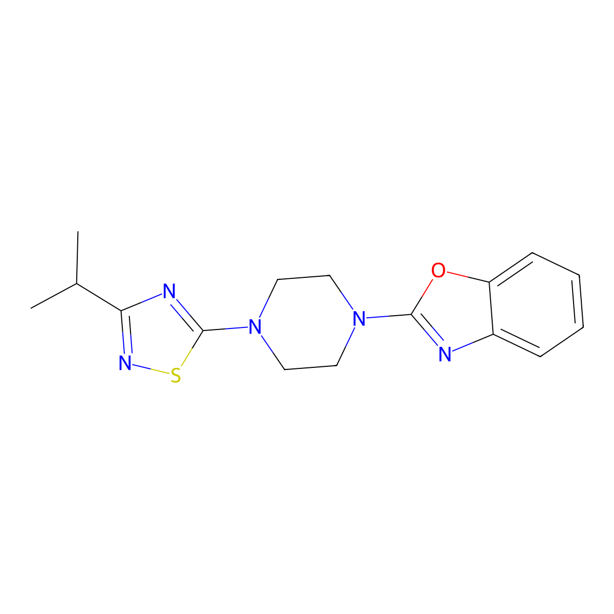 2-{4-[3-(Propan-2-yl)-1,2,4-thiadiazol-5-yl]piperazin-1-yl}-1,3-benzoxazole molecular structure, CAS 2415599-30-1
