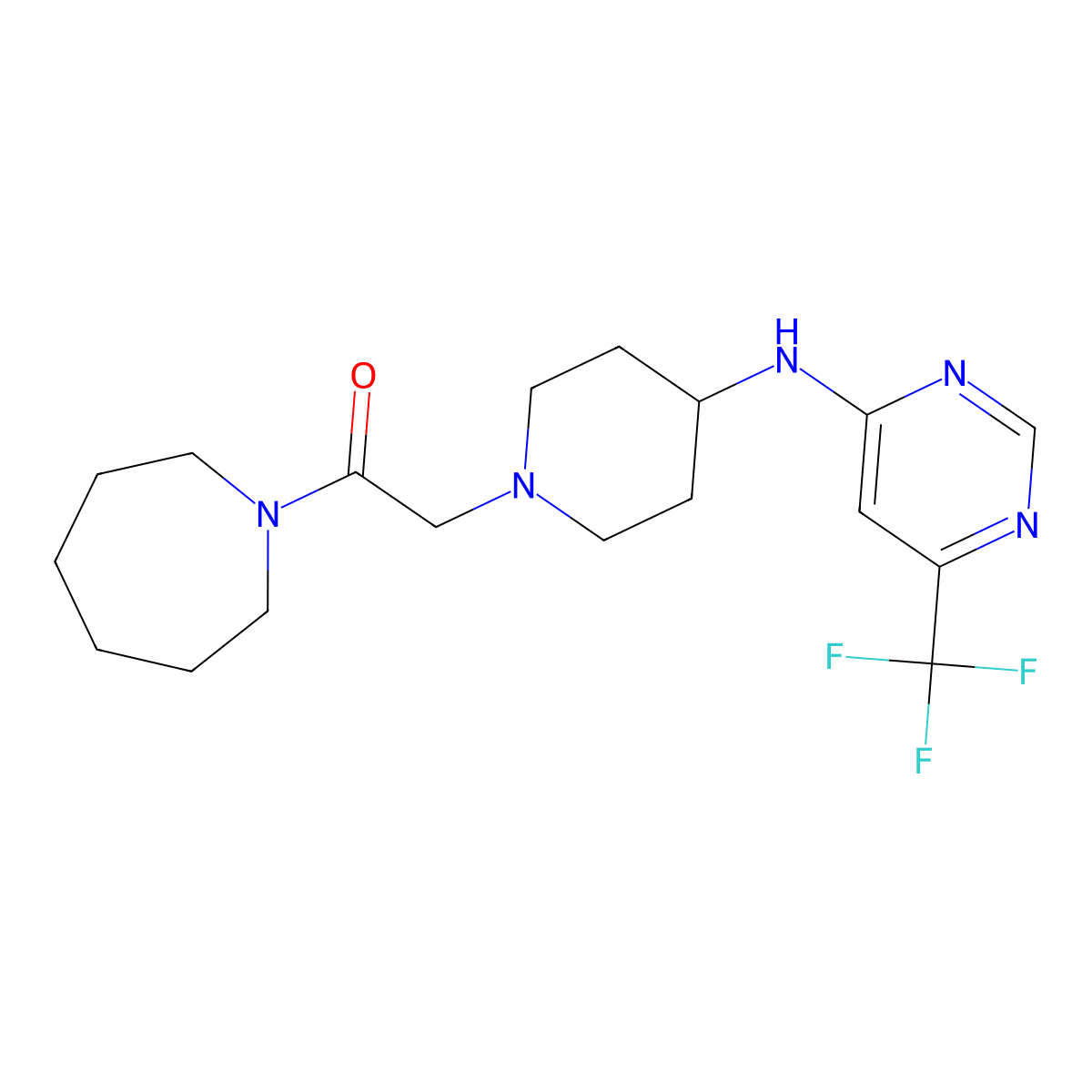 1-(Azepan-1-yl)-2-(4-{[6-(trifluoromethyl)pyrimidin-4-yl]amino}piperidin-1-yl)ethan-1-one molecular structure, CAS 2415599-34-5