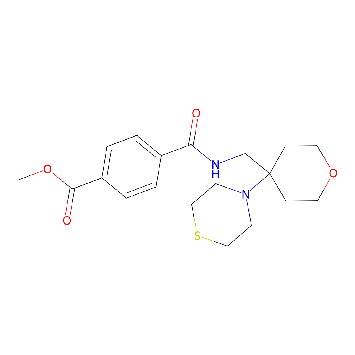 Methyl 4-({[4-(thiomorpholin-4-yl)oxan-4-yl]methyl}carbamoyl)benzoate molecular structure, CAS 2415599-39-0