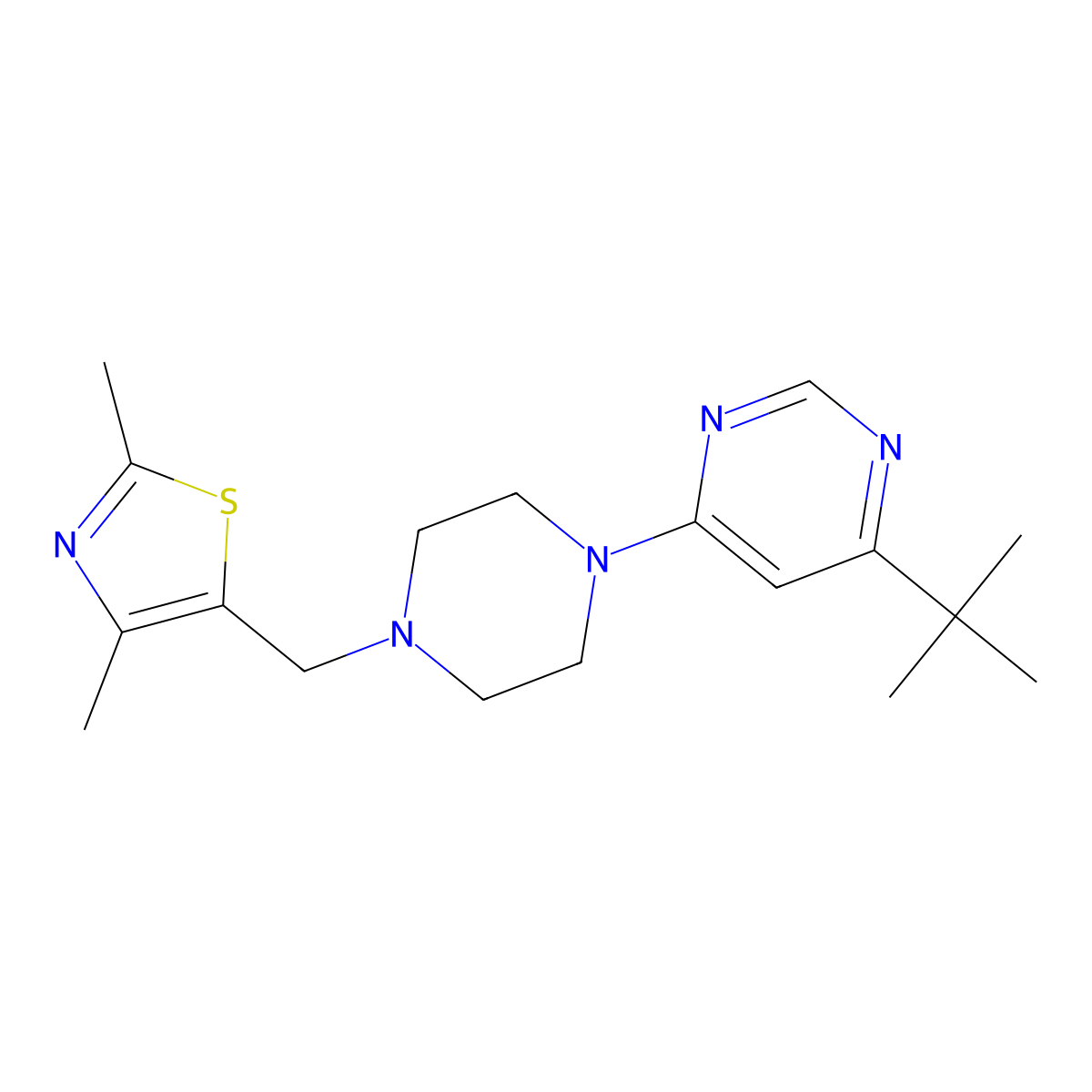 4-Tert-butyl-6-{4-[(2,4-dimethyl-1,3-thiazol-5-yl)methyl]piperazin-1-yl}pyrimidine molecular structure, CAS 2415599-47-0