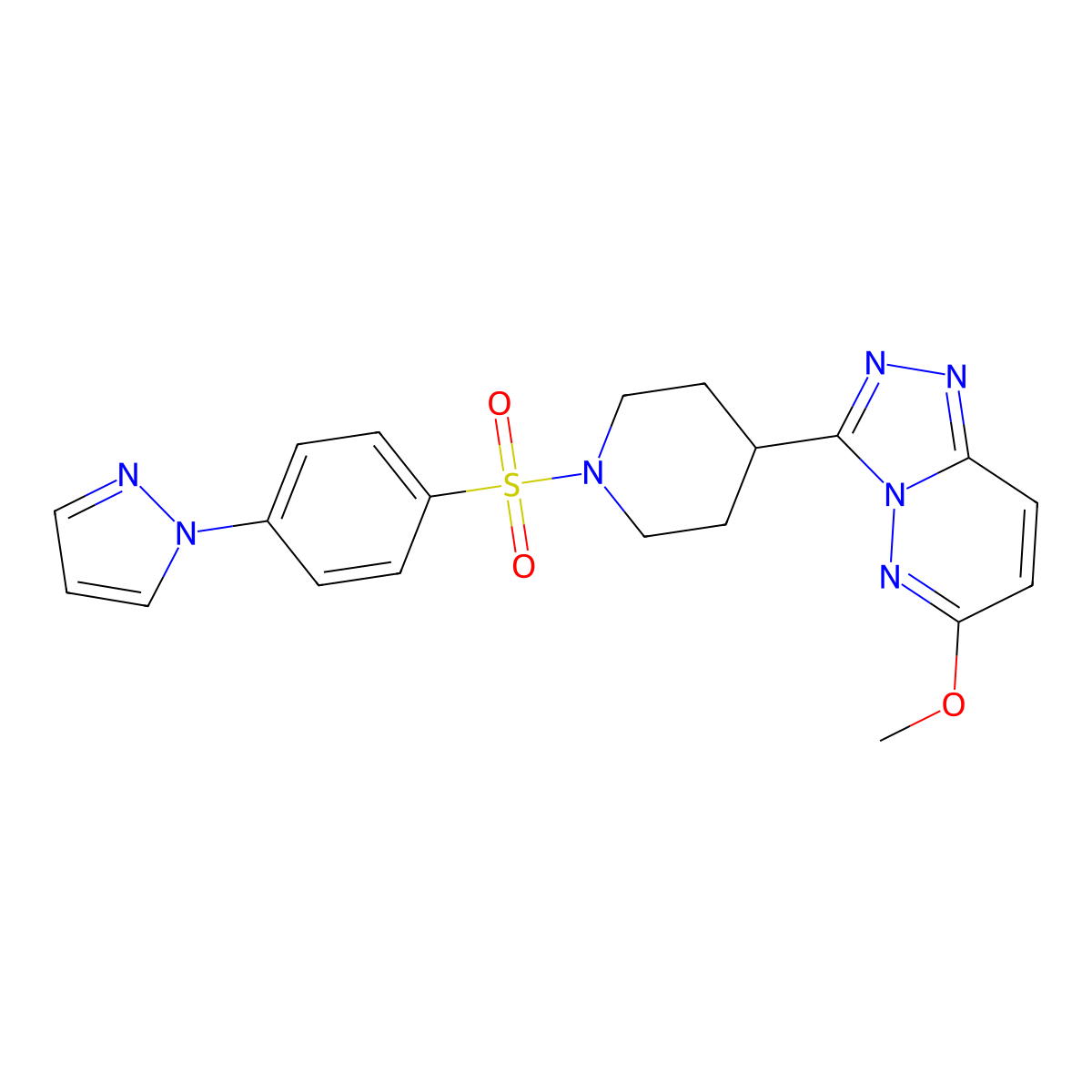 4-{6-methoxy-[1,2,4]triazolo[4,3-b]pyridazin-3-yl}-1-[4-(1H-pyrazol-1-yl)benzenesulfonyl]piperidine molecular structure, CAS 2415599-67-4