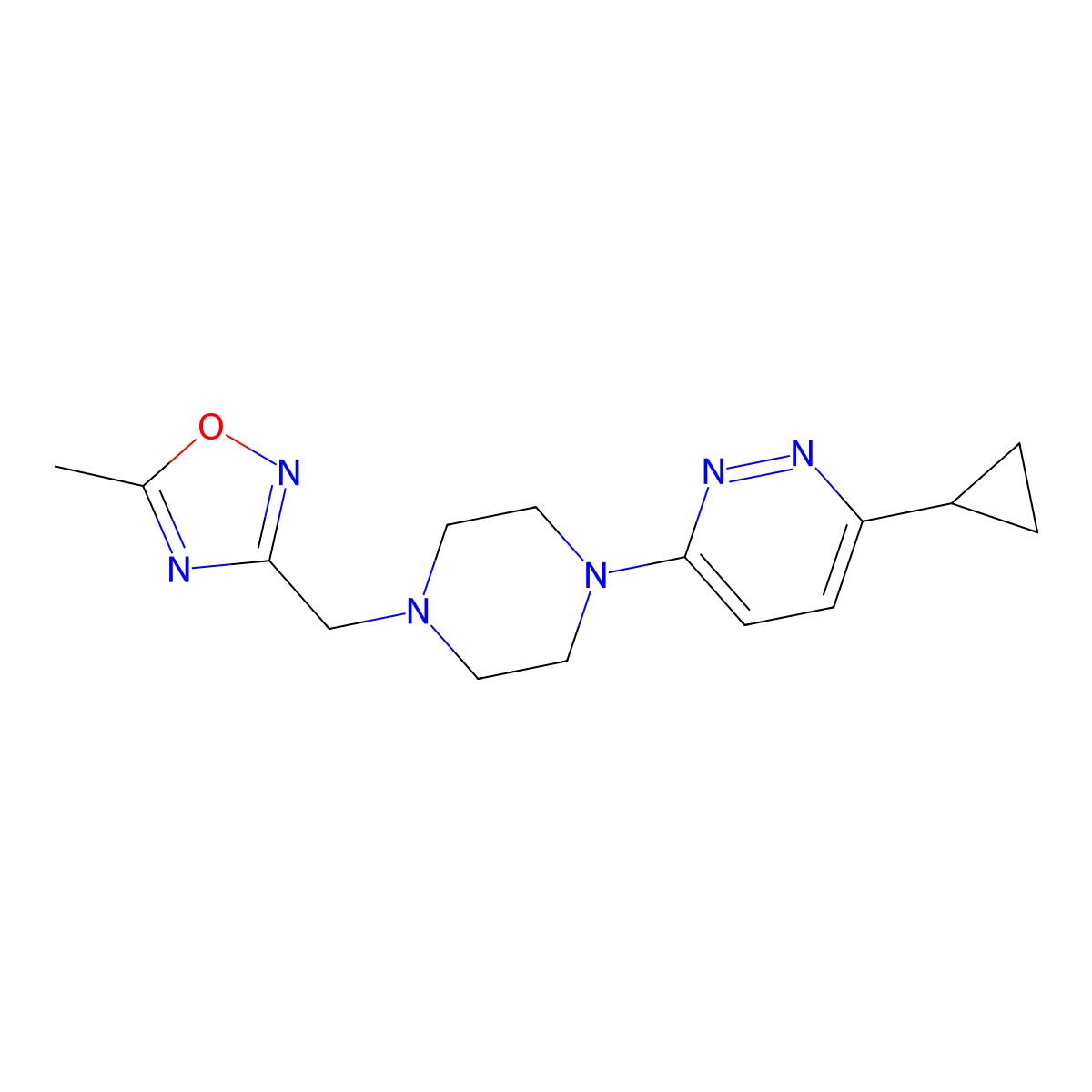 3-Cyclopropyl-6-{4-[(5-methyl-1,2,4-oxadiazol-3-yl)methyl]piperazin-1-yl}pyridazine molecular structure, CAS 2415599-71-0