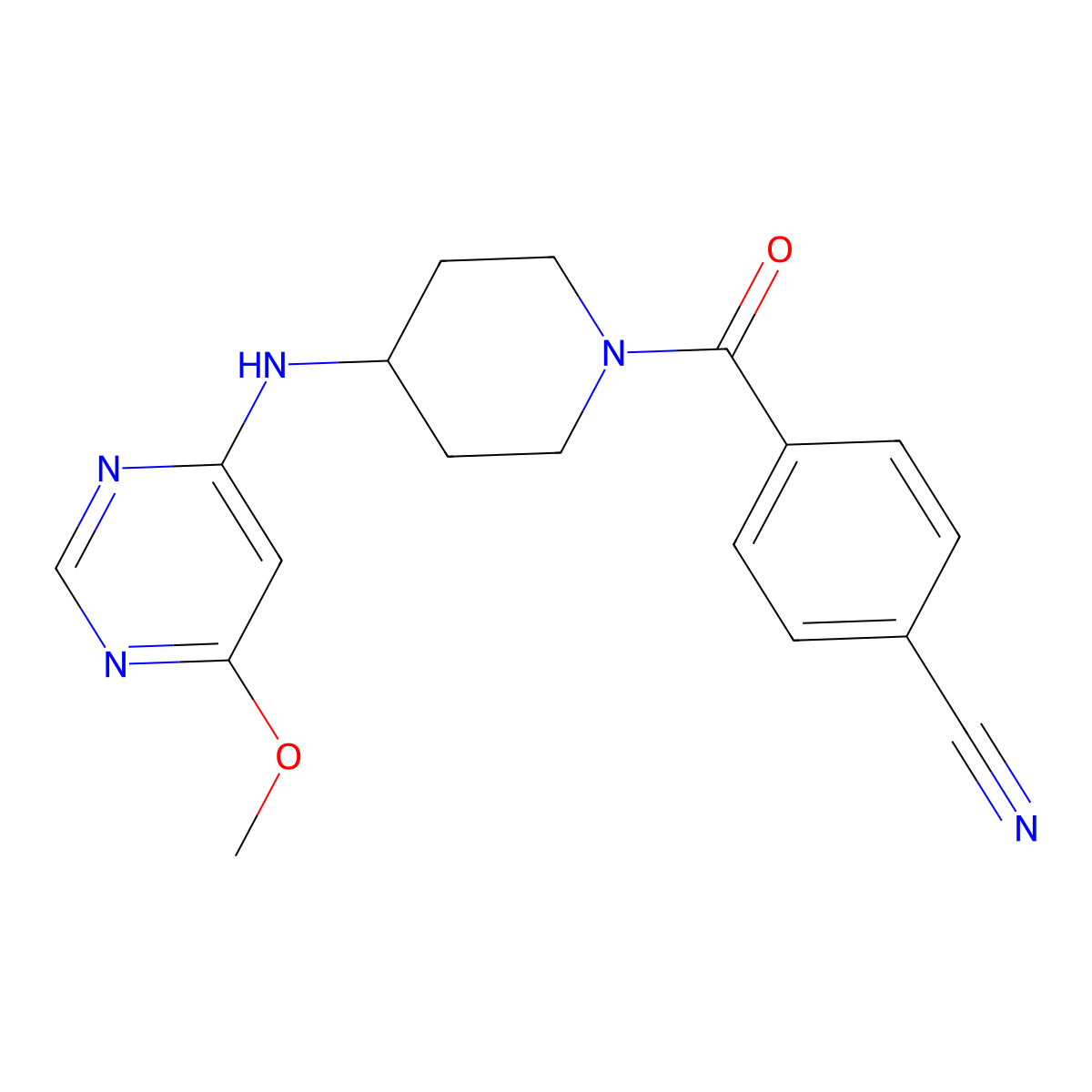 4-{4-[(6-Methoxypyrimidin-4-yl)amino]piperidine-1-carbonyl}benzonitrile molecular structure, CAS 2415599-85-6
