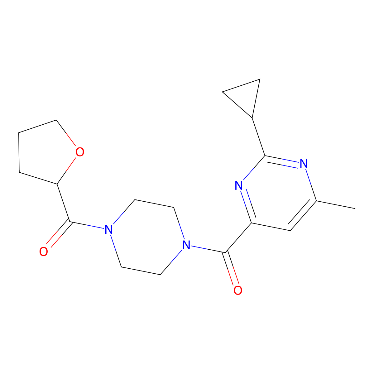 2-Cyclopropyl-4-methyl-6-[4-(oxolane-2-carbonyl)piperazine-1-carbonyl]pyrimidine molecular structure, CAS 2415600-03-0