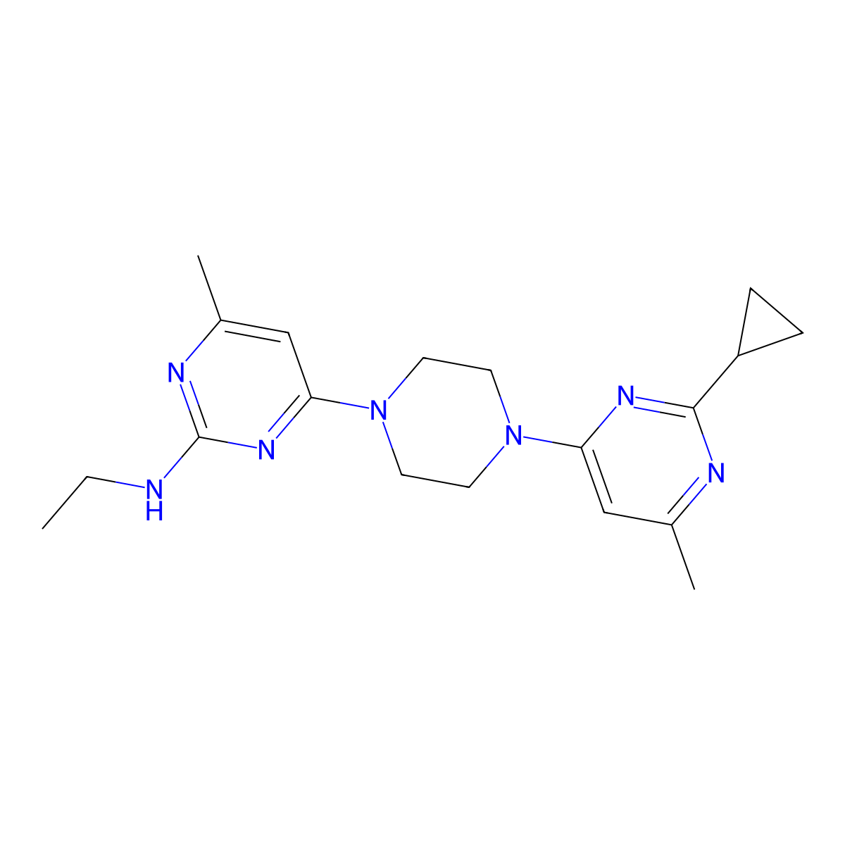 4-[4-(2-cyclopropyl-6-methylpyrimidin-4-yl)piperazin-1-yl]-N-ethyl-6-methylpyrimidin-2-amine molecular structure, CAS 2415600-08-5