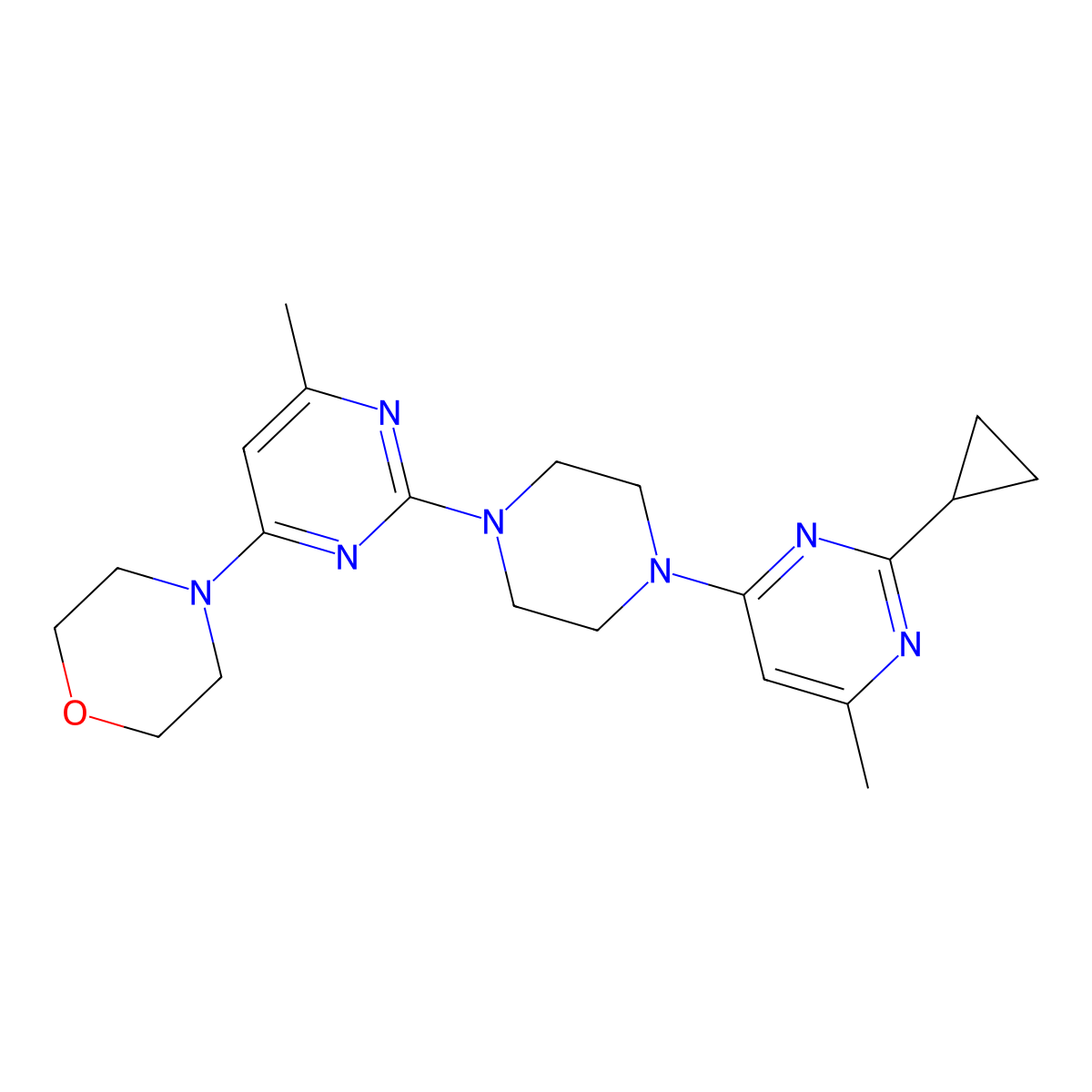 4-{2-[4-(2-Cyclopropyl-6-methylpyrimidin-4-yl)piperazin-1-yl]-6-methylpyrimidin-4-yl}morpholine molecular structure, CAS 2415600-13-2