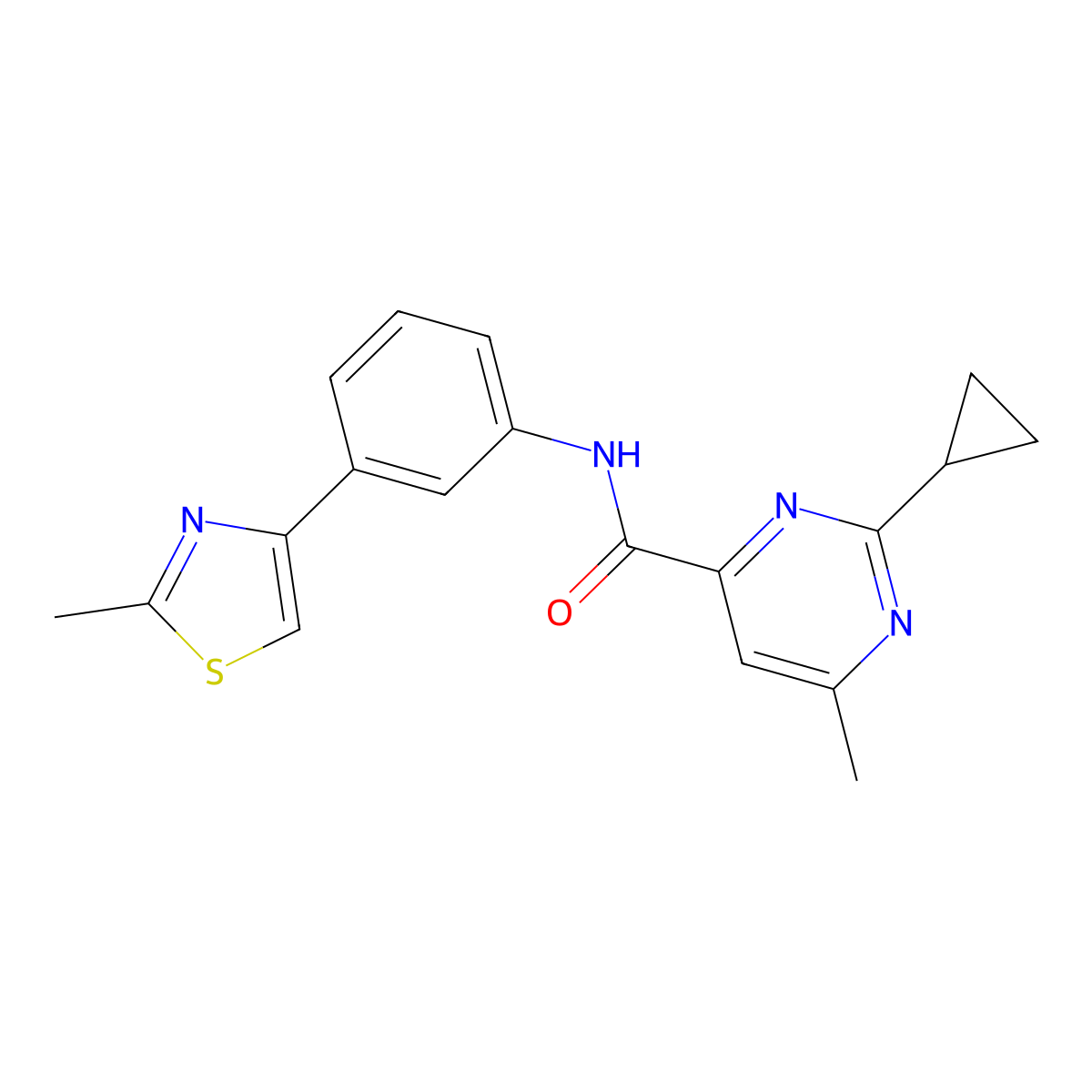 2-Cyclopropyl-6-methyl-N-[3-(2-methyl-1,3-thiazol-4-yl)phenyl]pyrimidine-4-carboxamide molecular structure, CAS 2415600-14-3