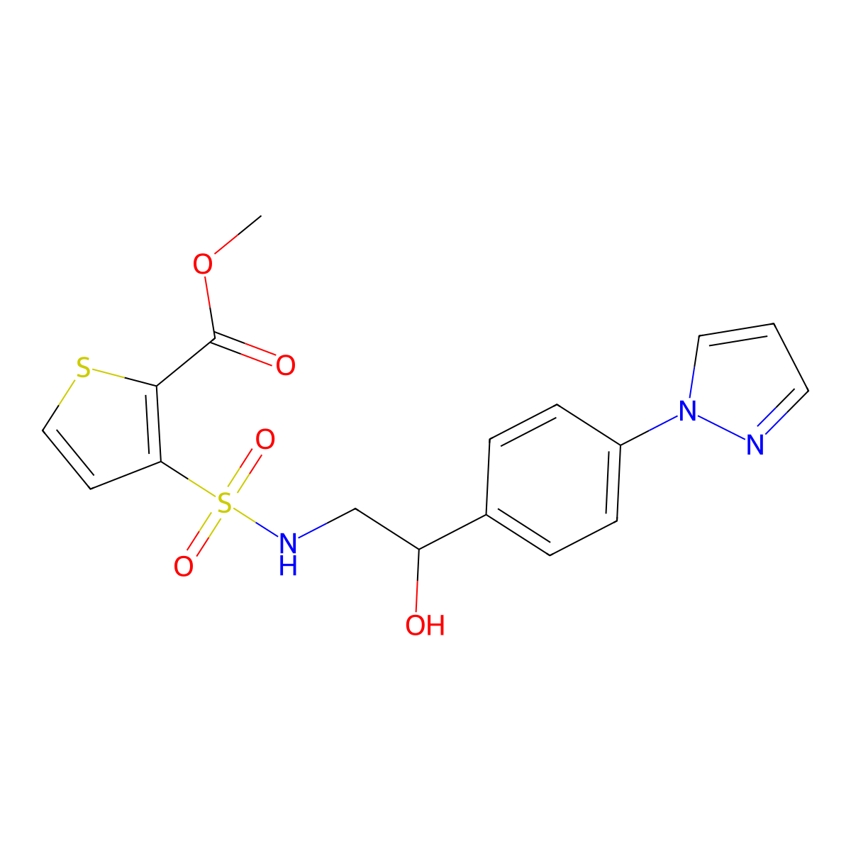 methyl 3-({2-hydroxy-2-[4-(1H-pyrazol-1-yl)phenyl]ethyl}sulfamoyl)thiophene-2-carboxylate molecular structure, CAS 2415600-22-3