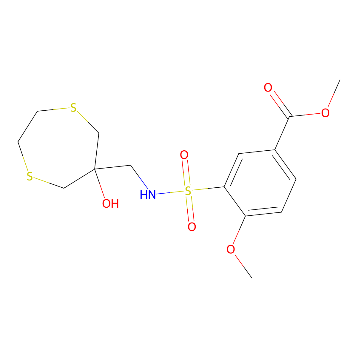 Methyl 3-{[(6-hydroxy-1,4-dithiepan-6-yl)methyl]sulfamoyl}-4-methoxybenzoate molecular structure, CAS 2415600-24-5