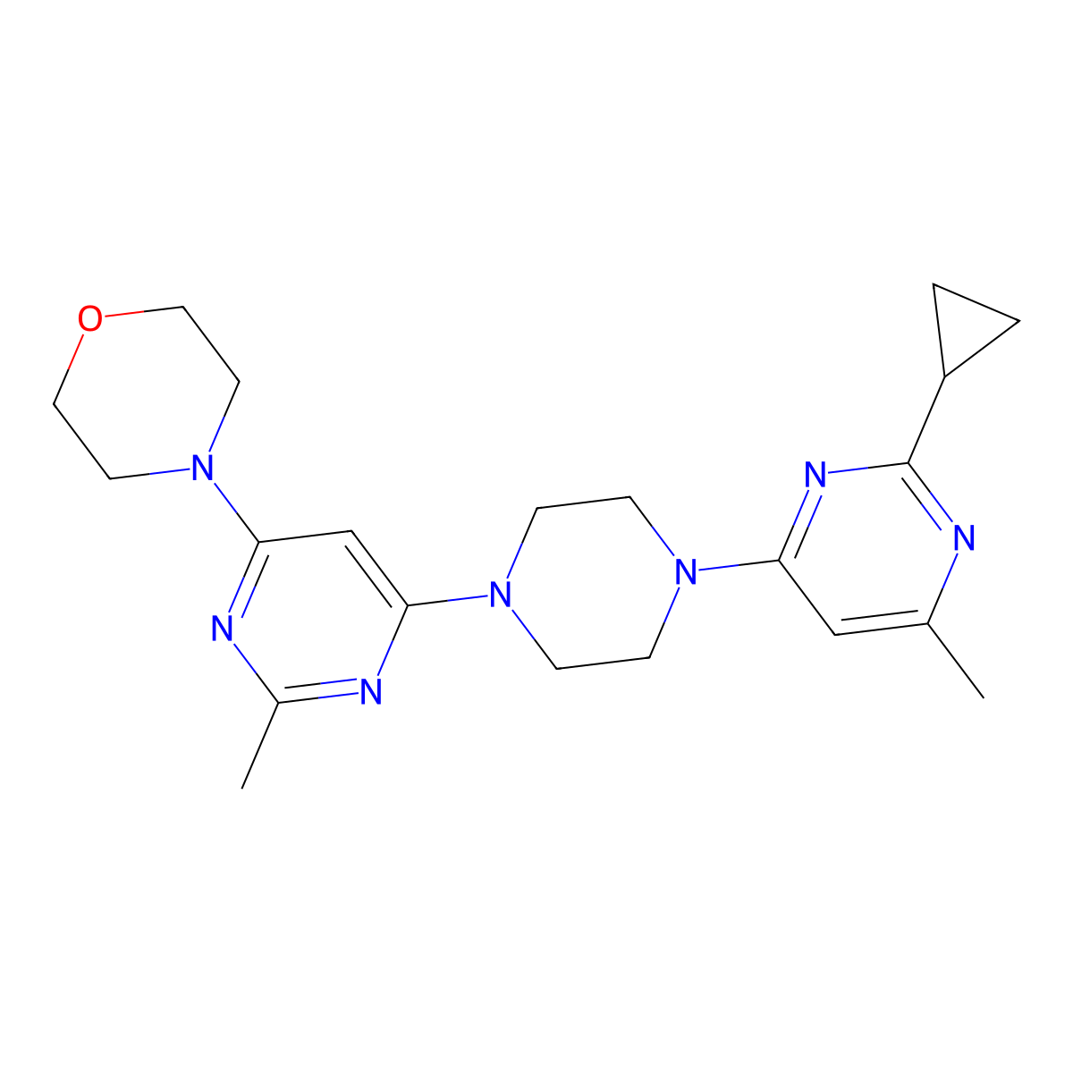 4-{6-[4-(2-Cyclopropyl-6-methylpyrimidin-4-yl)piperazin-1-yl]-2-methylpyrimidin-4-yl}morpholine molecular structure, CAS 2415600-47-2