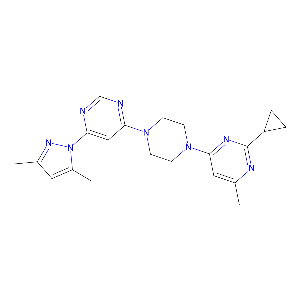 2-cyclopropyl-4-{4-[6-(3,5-dimethyl-1H-pyrazol-1-yl)pyrimidin-4-yl]piperazin-1-yl}-6-methylpyrimidine molecular structure, CAS 2415600-52-9