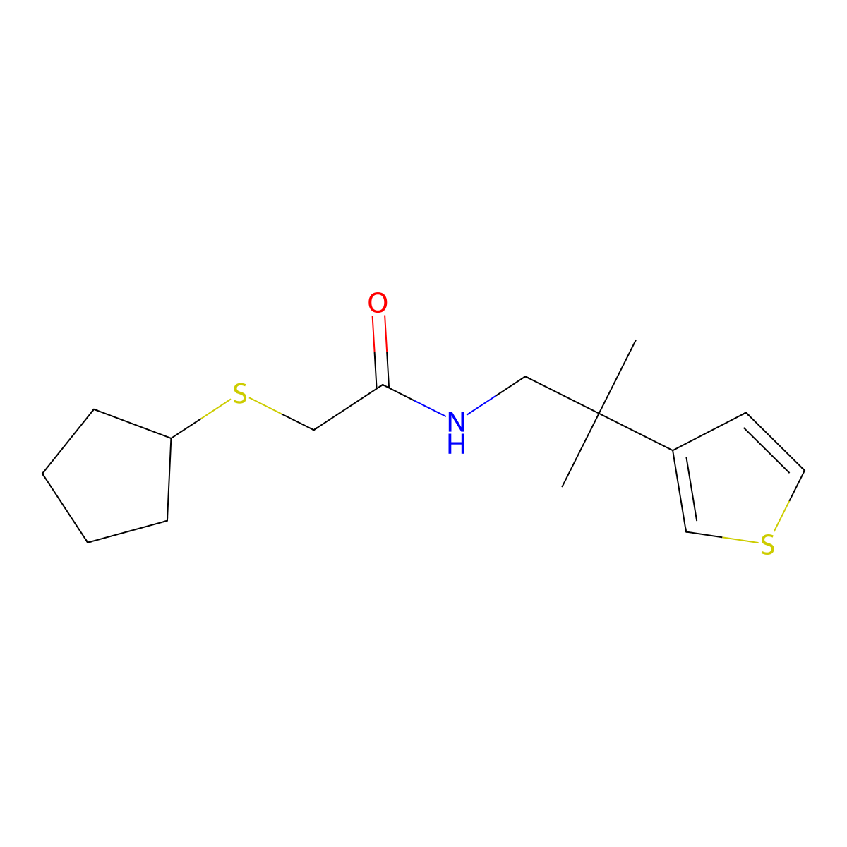 2-(cyclopentylsulfanyl)-N-[2-methyl-2-(thiophen-3-yl)propyl]acetamide molecular structure, CAS 2415600-58-5
