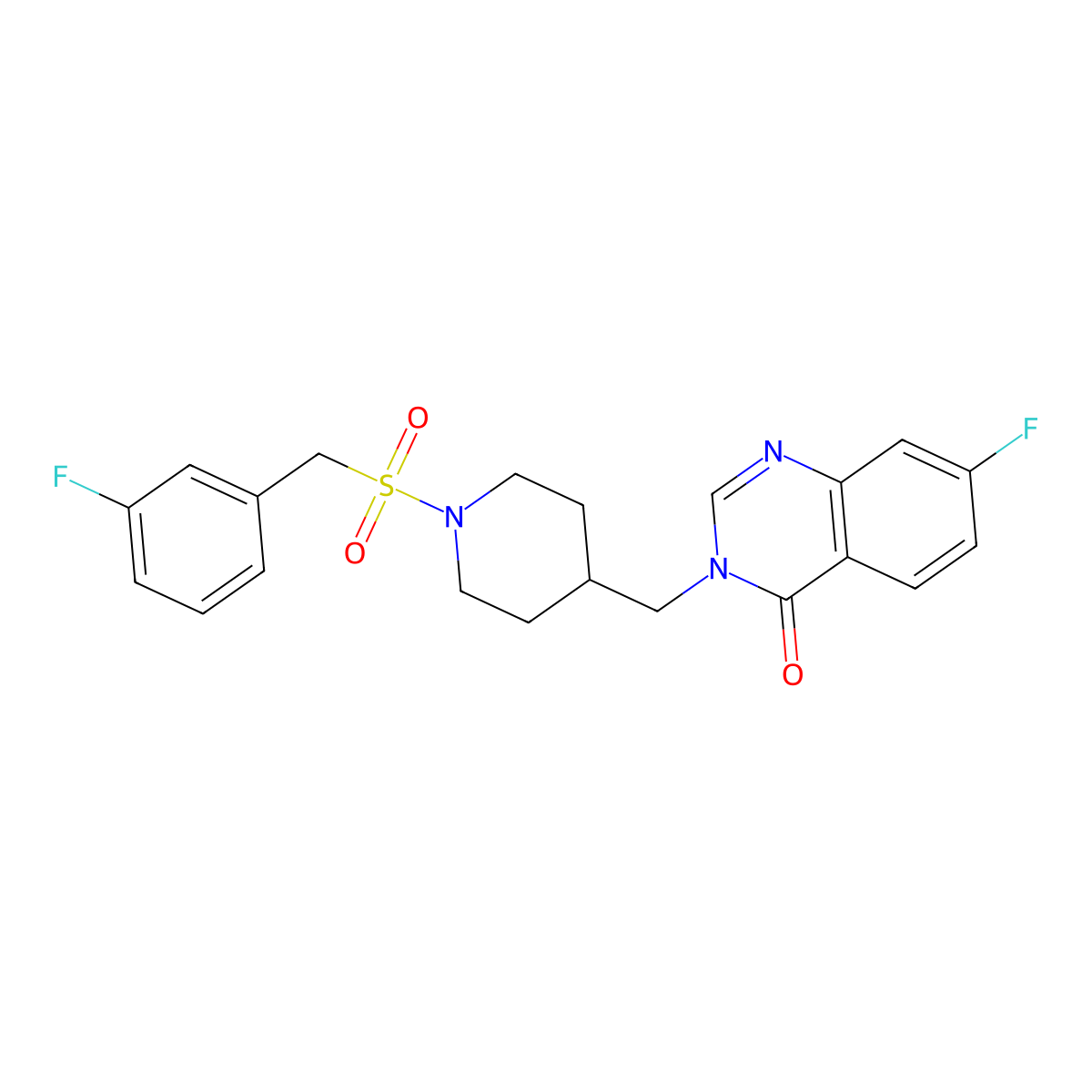 7-Fluoro-3-({1-[(3-fluorophenyl)methanesulfonyl]piperidin-4-yl}methyl)-3,4-dihydroquinazolin-4-one molecular structure, CAS 2415600-64-3