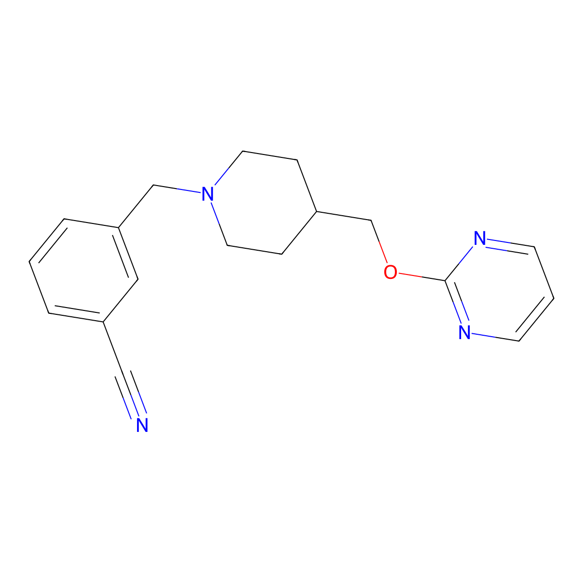 3-({4-[(Pyrimidin-2-yloxy)methyl]piperidin-1-yl}methyl)benzonitrile molecular structure, CAS 2415600-70-1