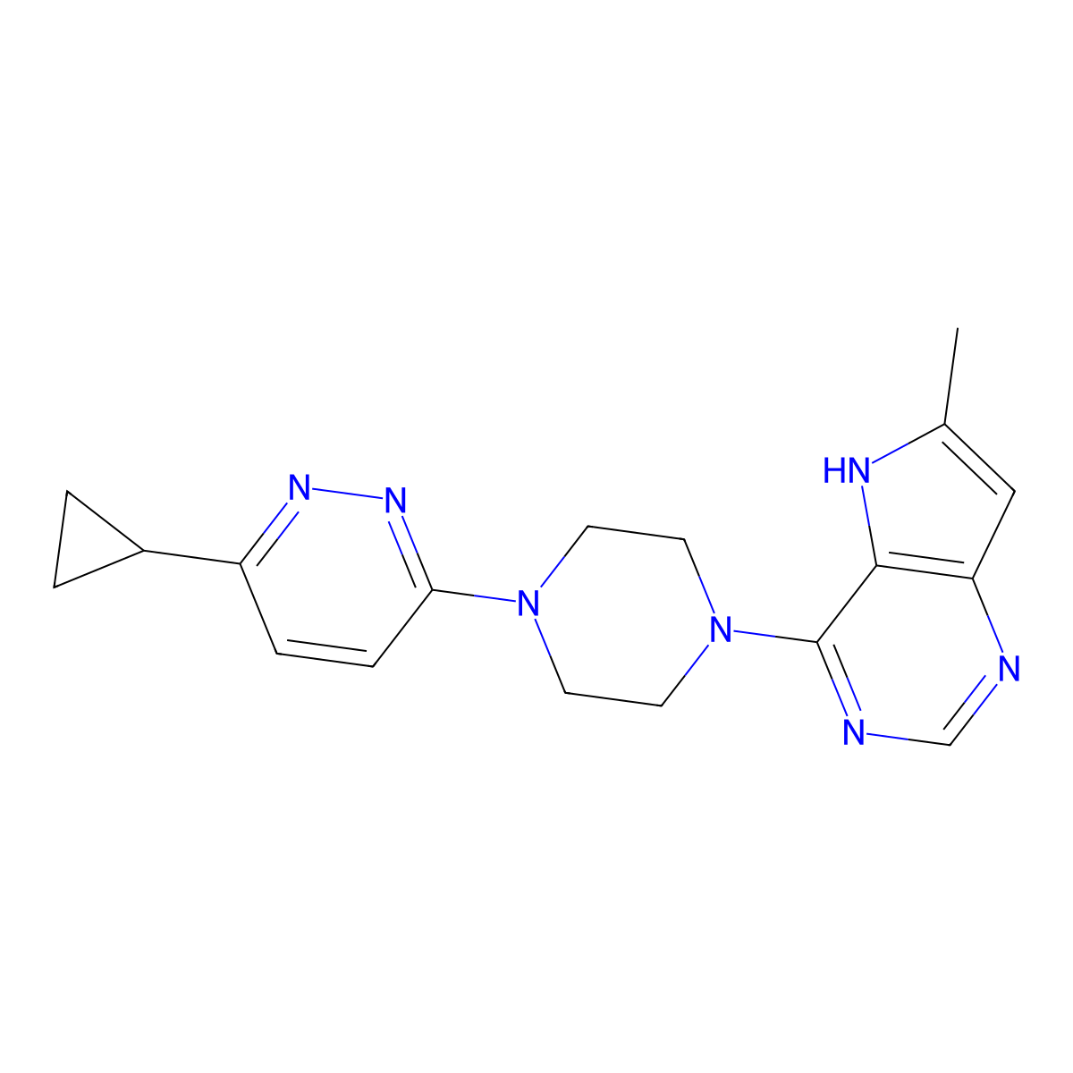 3-cyclopropyl-6-(4-{6-methyl-5H-pyrrolo[3,2-d]pyrimidin-4-yl}piperazin-1-yl)pyridazine molecular structure, CAS 2415600-72-3