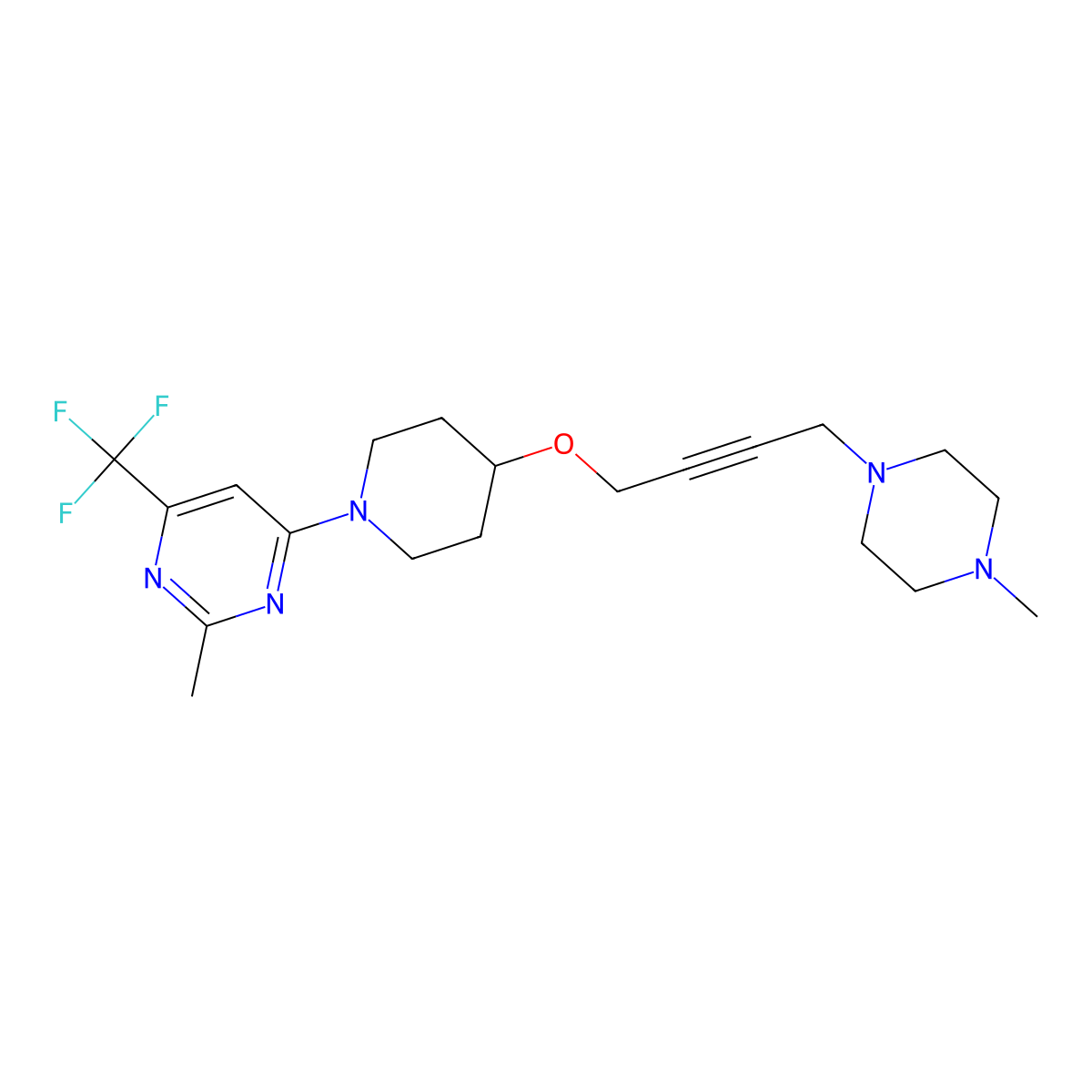 2-Methyl-4-(4-{[4-(4-methylpiperazin-1-yl)but-2-yn-1-yl]oxy}piperidin-1-yl)-6-(trifluoromethyl)pyrimidine molecular structure, CAS 2415600-80-3