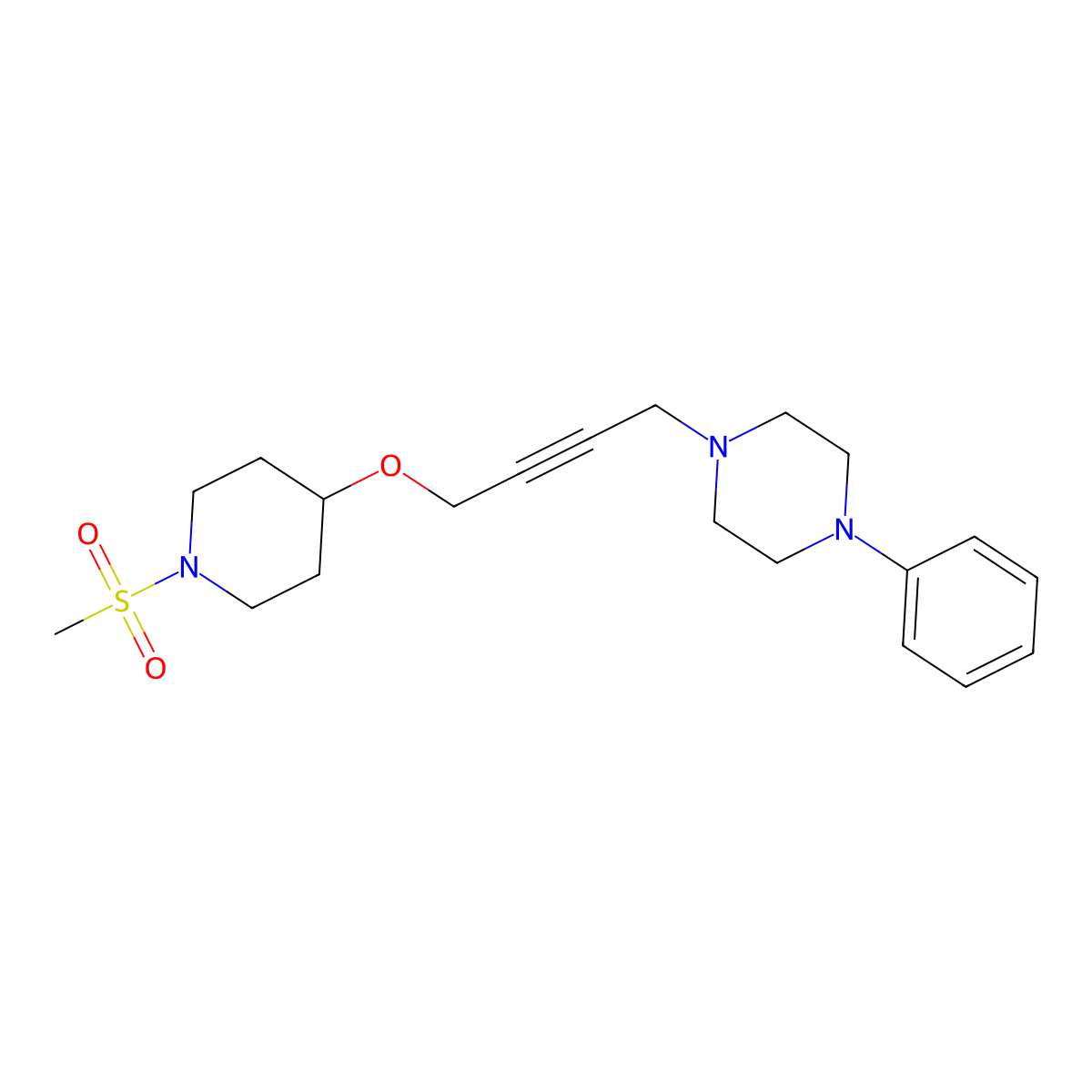 1-{4-[(1-Methanesulfonylpiperidin-4-yl)oxy]but-2-yn-1-yl}-4-phenylpiperazine molecular structure, CAS 2415600-87-0