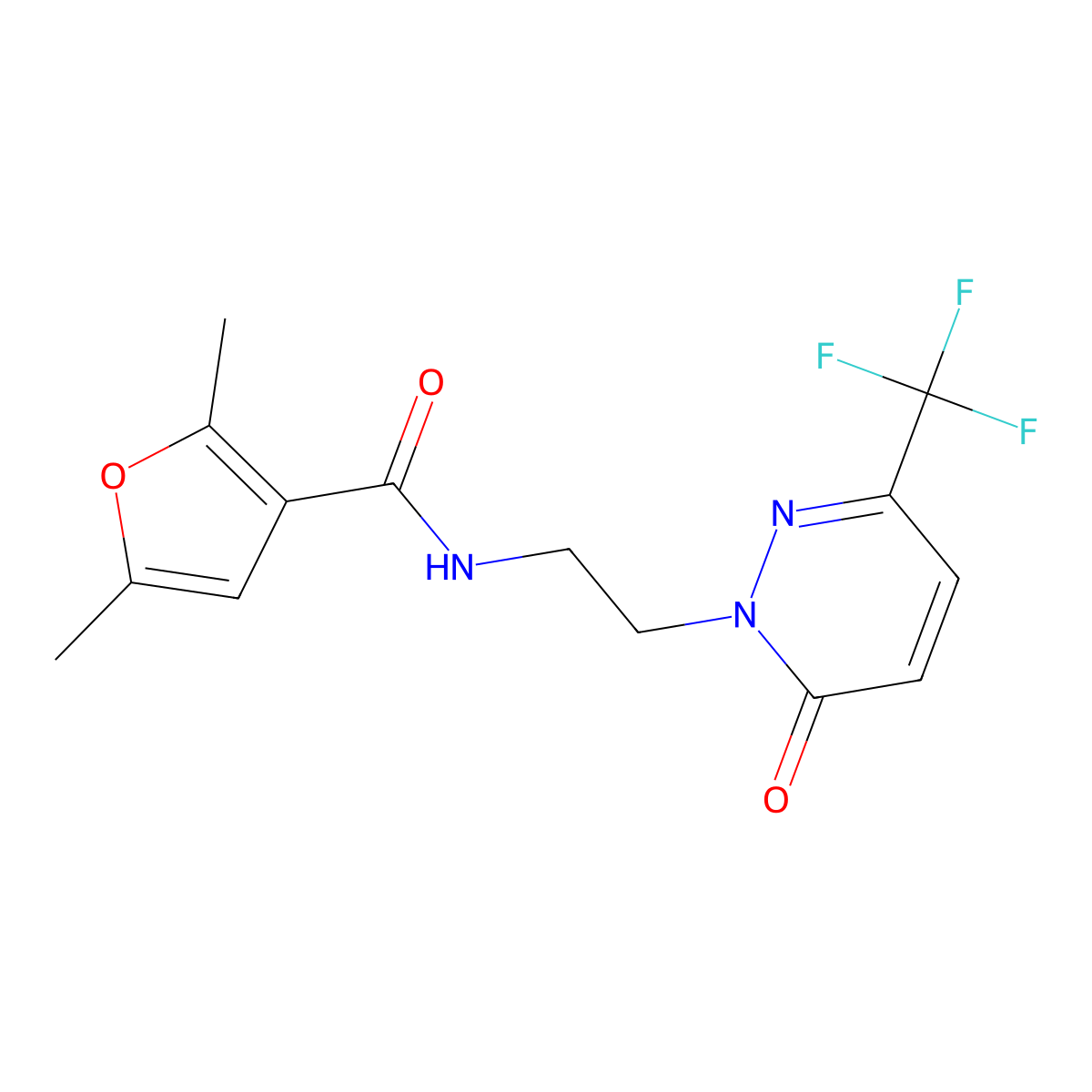 2,5-dimethyl-N-{2-[6-oxo-3-(trifluoromethyl)-1,6-dihydropyridazin-1-yl]ethyl}furan-3-carboxamide molecular structure, CAS 2415600-90-5