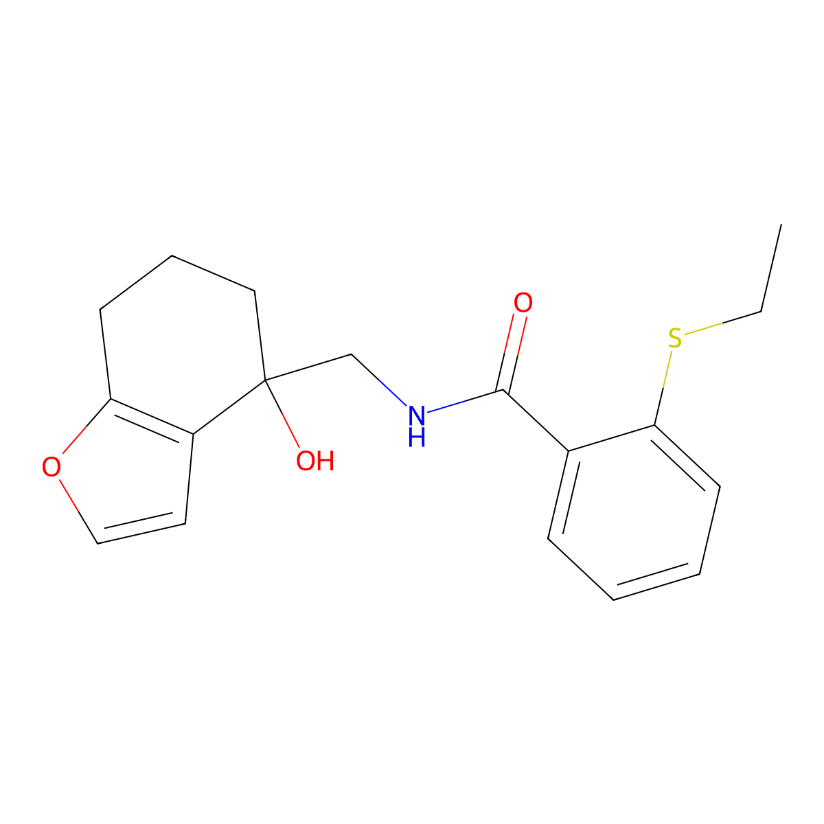 2-(ethylsulfanyl)-N-[(4-hydroxy-4,5,6,7-tetrahydro-1-benzofuran-4-yl)methyl]benzamide molecular structure, CAS 2415600-91-6