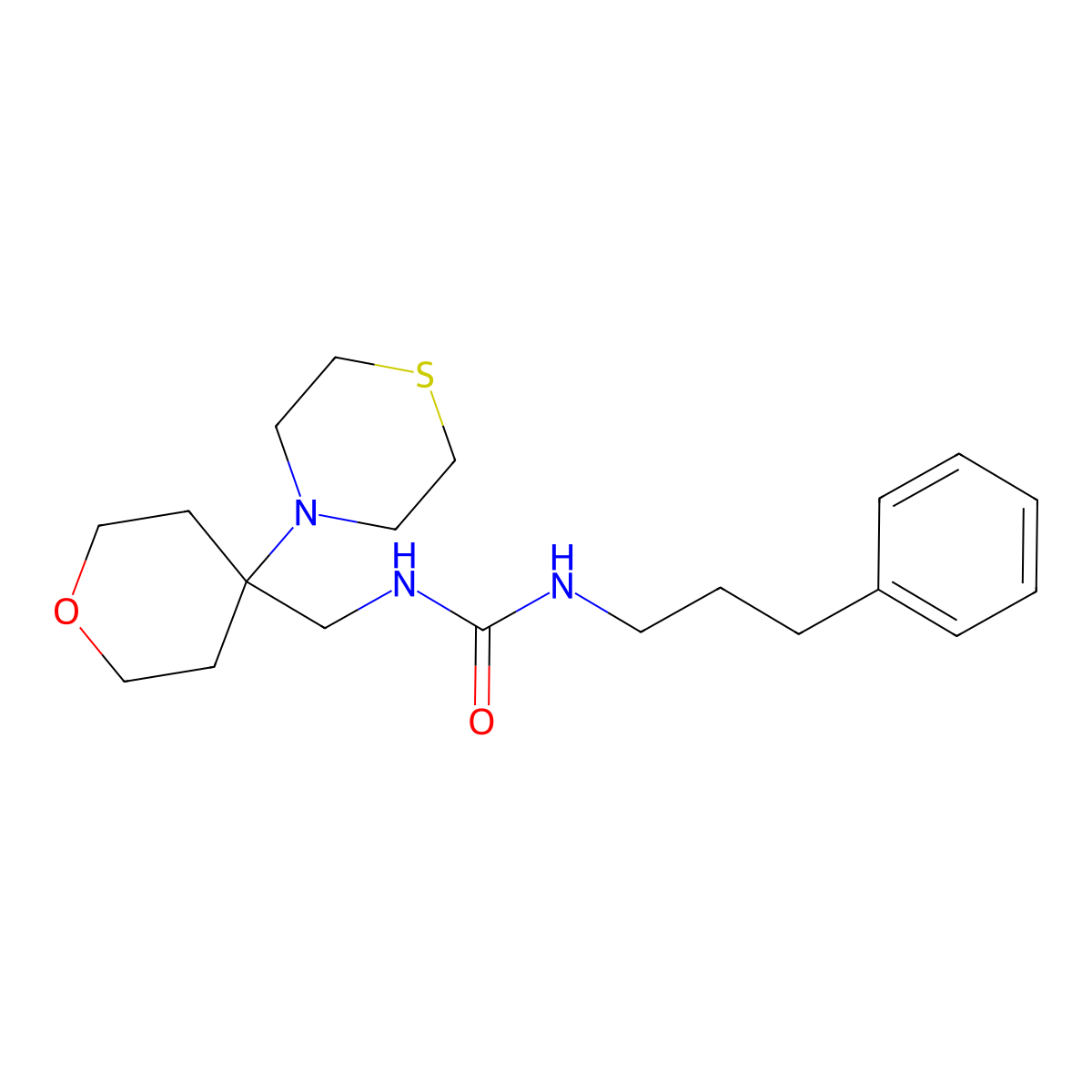 1-(3-Phenylpropyl)-3-{[4-(thiomorpholin-4-yl)oxan-4-yl]methyl}urea molecular structure, CAS 2415600-93-8