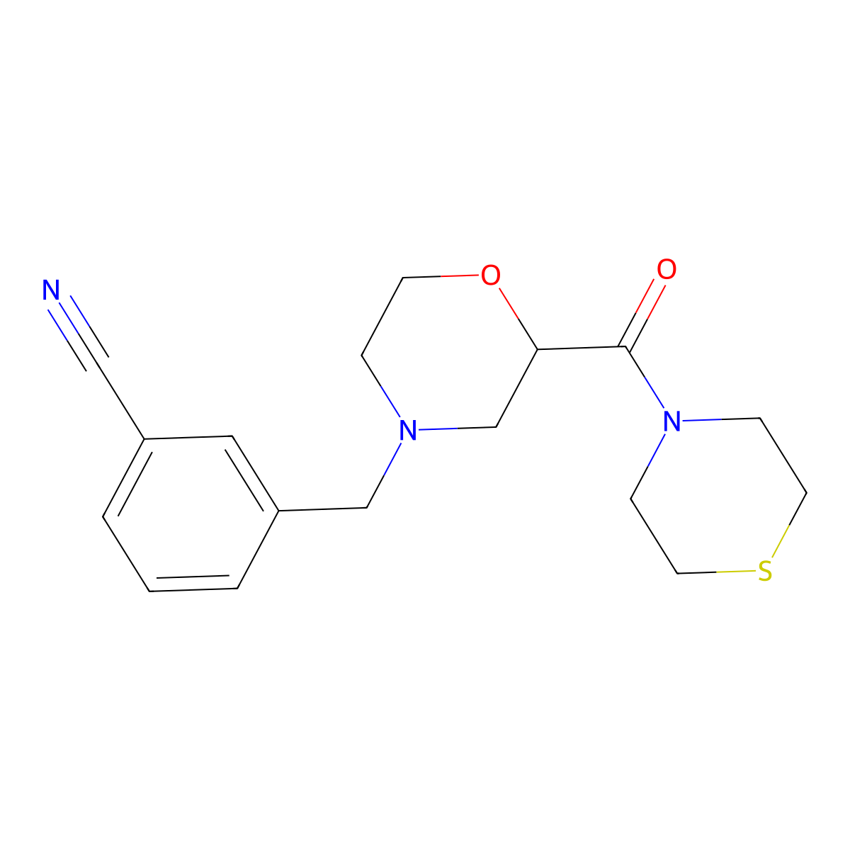 3-{[2-(Thiomorpholine-4-carbonyl)morpholin-4-yl]methyl}benzonitrile molecular structure, CAS 2415600-95-0