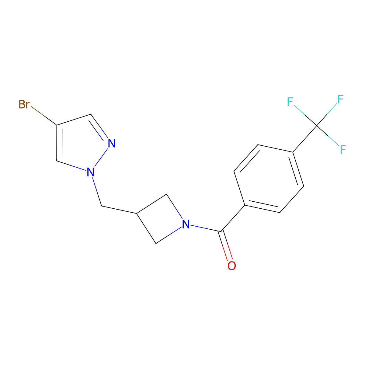 4-bromo-1-({1-[4-(trifluoromethyl)benzoyl]azetidin-3-yl}methyl)-1H-pyrazole molecular structure, CAS 2415600-98-3