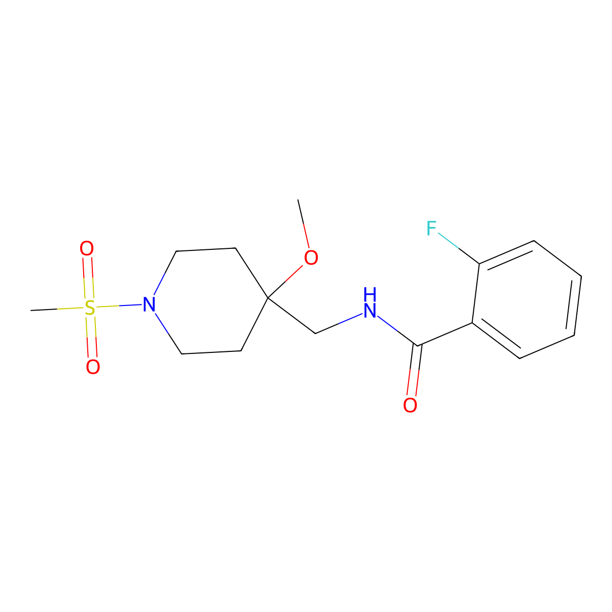 2-fluoro-N-[(1-methanesulfonyl-4-methoxypiperidin-4-yl)methyl]benzamide molecular structure, CAS 2415601-03-3