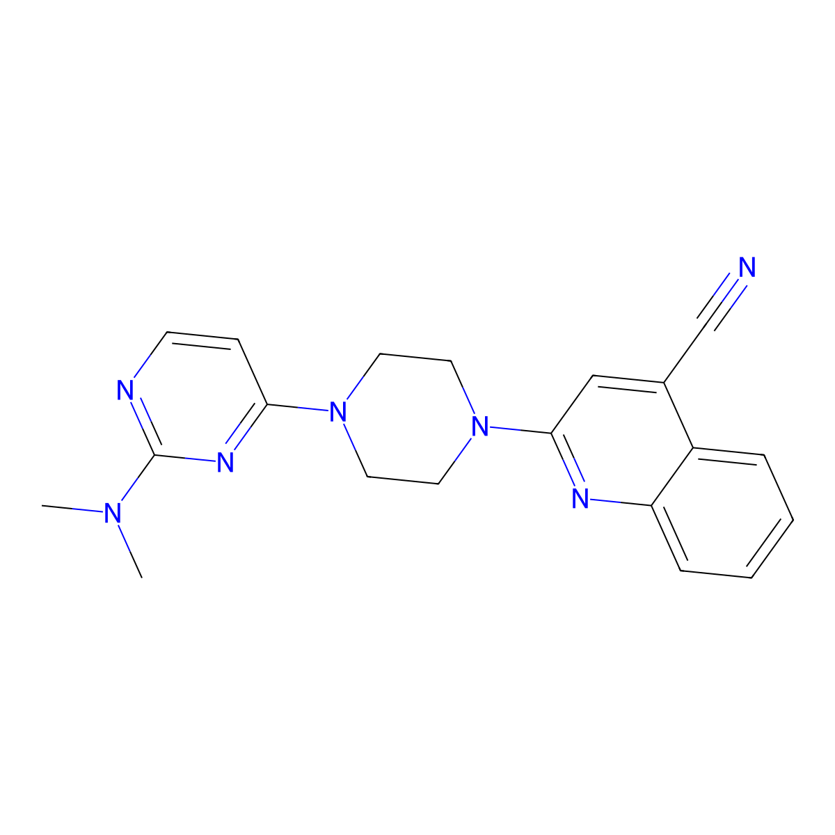 2-{4-[2-(Dimethylamino)pyrimidin-4-yl]piperazin-1-yl}quinoline-4-carbonitrile molecular structure, CAS 2415601-18-0