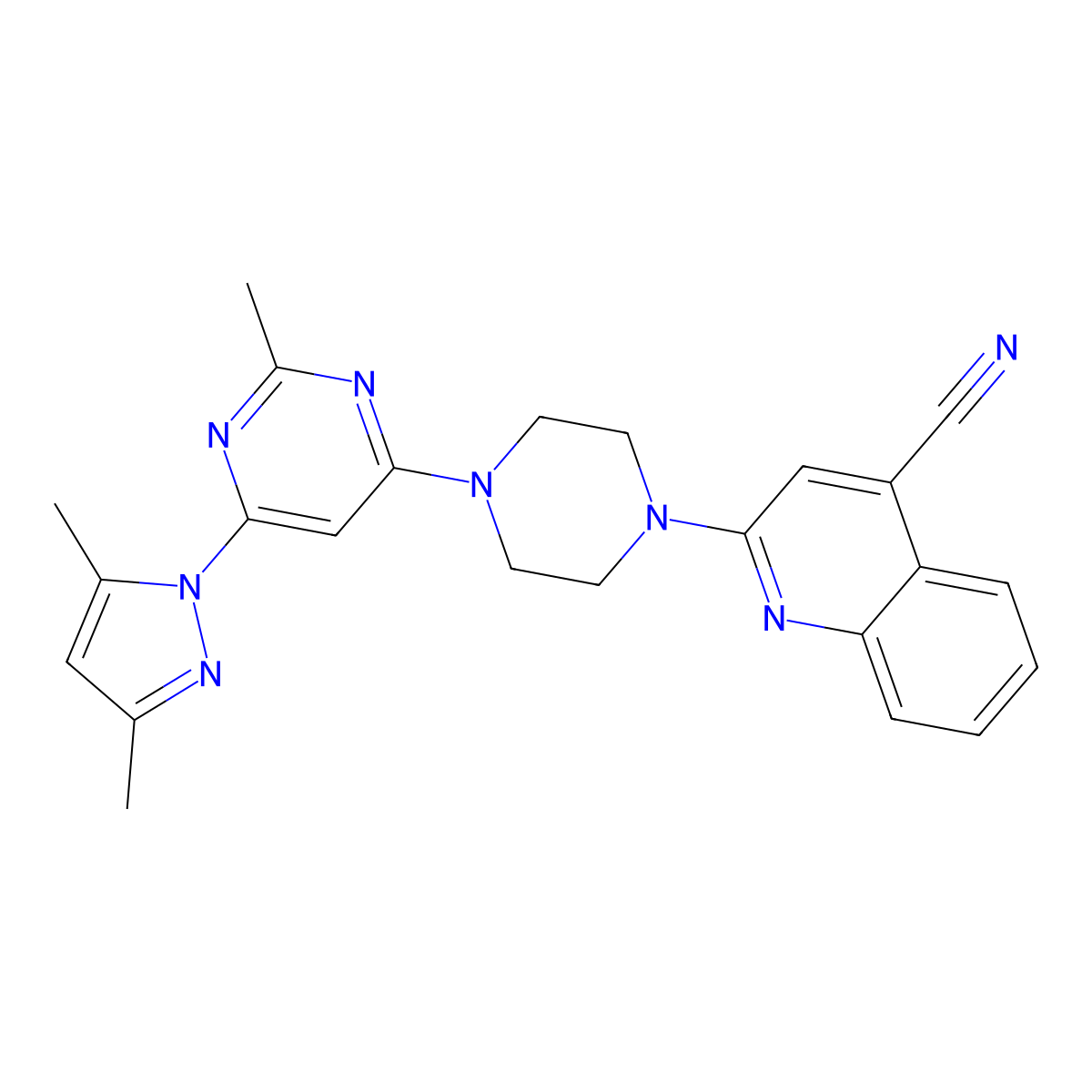2-{4-[6-(3,5-dimethyl-1H-pyrazol-1-yl)-2-methylpyrimidin-4-yl]piperazin-1-yl}quinoline-4-carbonitrile molecular structure, CAS 2415601-20-4
