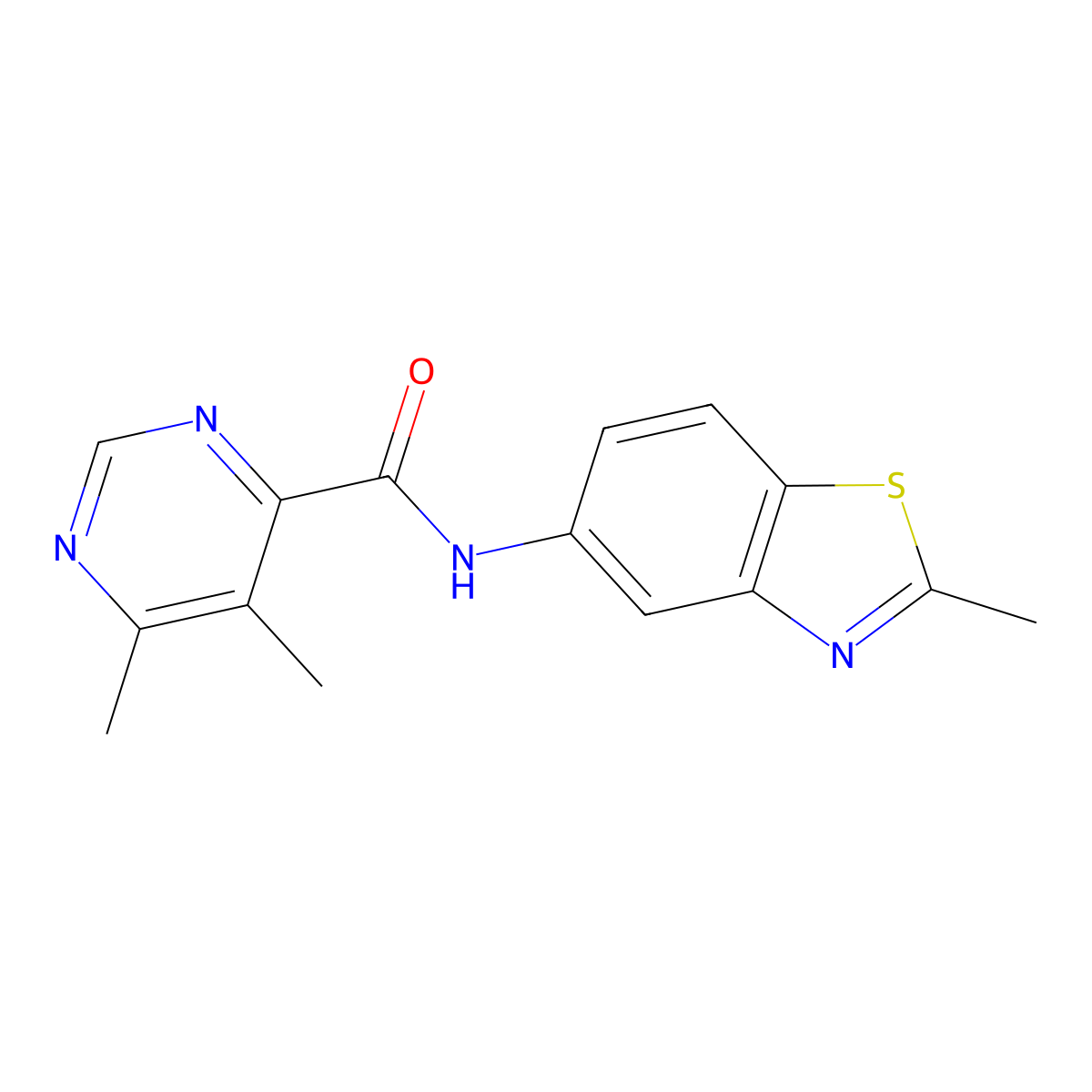 5,6-Dimethyl-N-(2-methyl-1,3-benzothiazol-5-yl)pyrimidine-4-carboxamide molecular structure, CAS 2415601-23-7