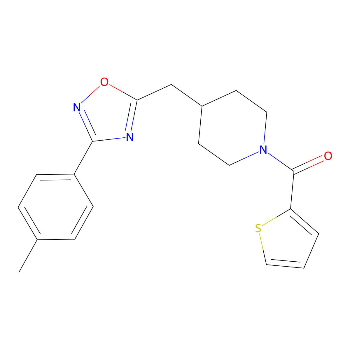4-{[3-(4-Methylphenyl)-1,2,4-oxadiazol-5-yl]methyl}-1-(thiophene-2-carbonyl)piperidine molecular structure, CAS 2415601-40-8