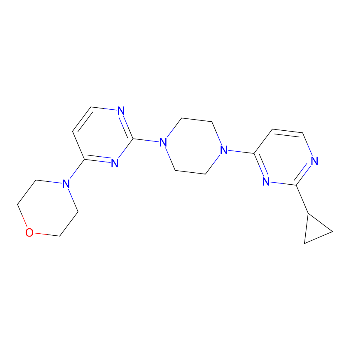 4-{2-[4-(2-Cyclopropylpyrimidin-4-yl)piperazin-1-yl]pyrimidin-4-yl}morpholine molecular structure, CAS 2415601-47-5