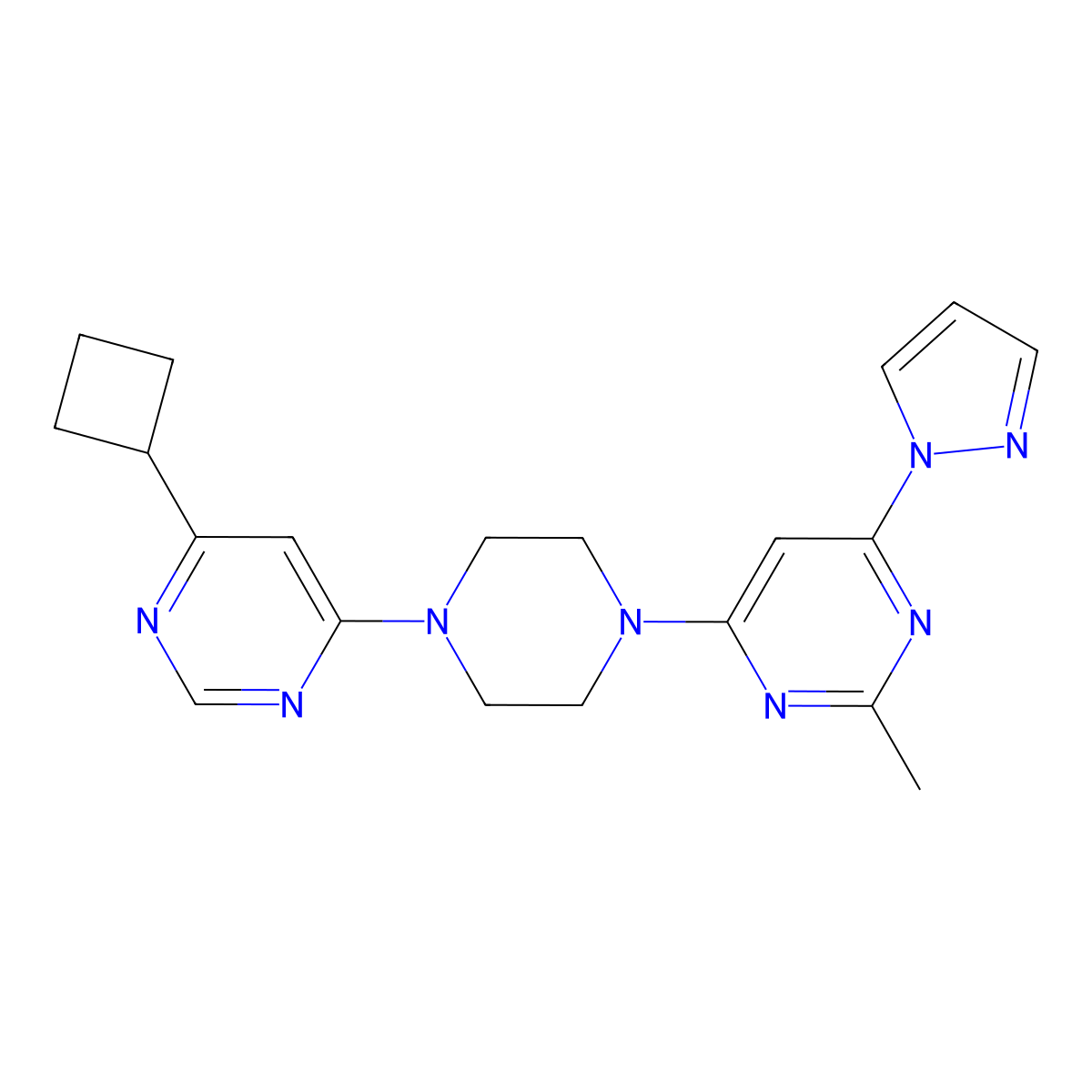 4-[4-(6-cyclobutylpyrimidin-4-yl)piperazin-1-yl]-2-methyl-6-(1H-pyrazol-1-yl)pyrimidine molecular structure, CAS 2415601-60-2