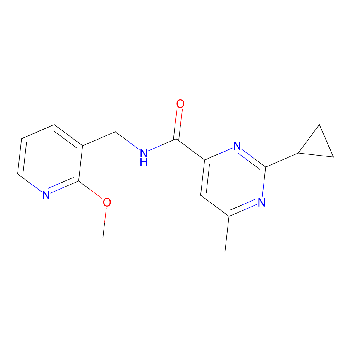 2-Cyclopropyl-N-[(2-methoxypyridin-3-yl)methyl]-6-methylpyrimidine-4-carboxamide molecular structure, CAS 2415601-72-6