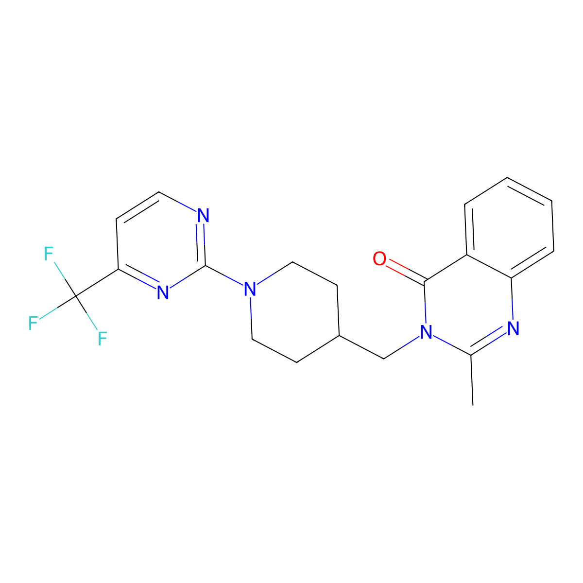2-Methyl-3-({1-[4-(trifluoromethyl)pyrimidin-2-yl]piperidin-4-yl}methyl)-3,4-dihydroquinazolin-4-one molecular structure, CAS 2415601-80-6
