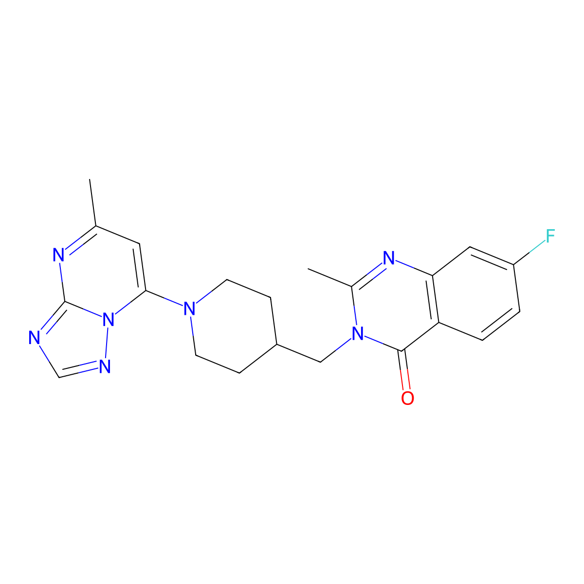 7-Fluoro-2-methyl-3-[(1-{5-methyl-[1,2,4]triazolo[1,5-a]pyrimidin-7-yl}piperidin-4-yl)methyl]-3,4-dihydroquinazolin-4-one molecular structure, CAS 2415601-92-0