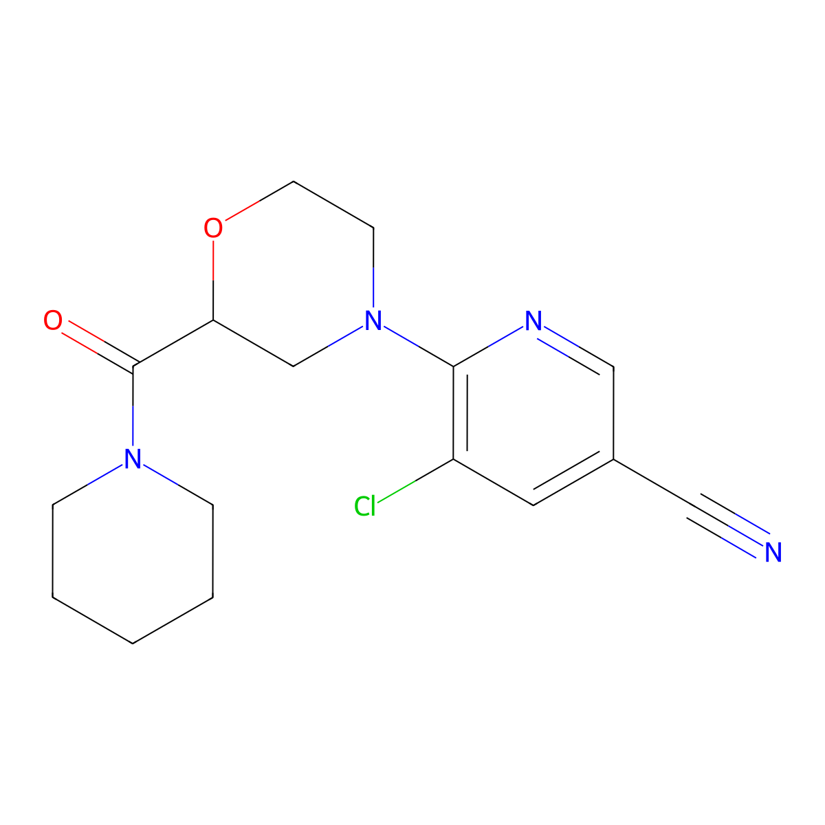 5-Chloro-6-[2-(piperidine-1-carbonyl)morpholin-4-yl]pyridine-3-carbonitrile molecular structure, CAS 2415601-94-2