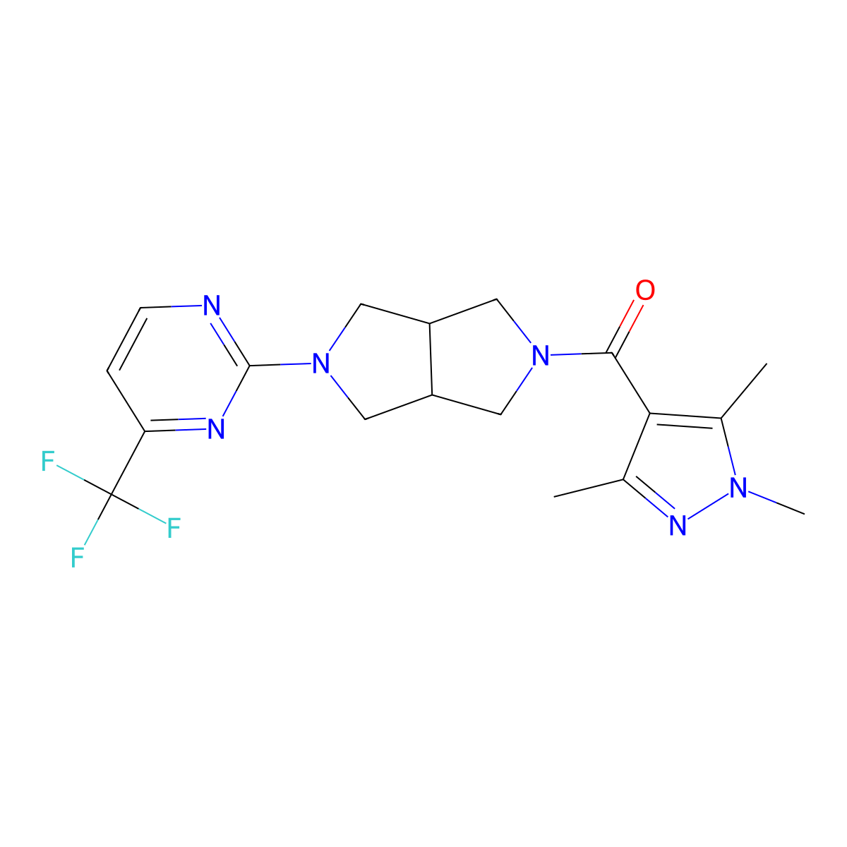 4-(trifluoromethyl)-2-[5-(1,3,5-trimethyl-1H-pyrazole-4-carbonyl)-octahydropyrrolo[3,4-c]pyrrol-2-yl]pyrimidine molecular structure, CAS 2415601-96-4
