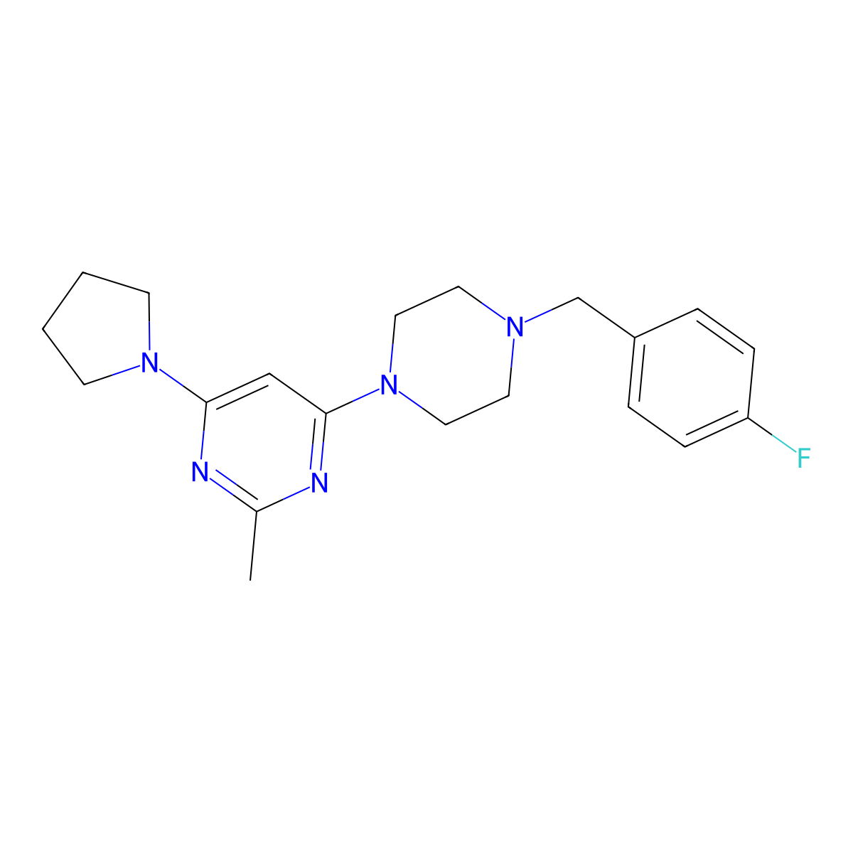 4-{4-[(4-Fluorophenyl)methyl]piperazin-1-yl}-2-methyl-6-(pyrrolidin-1-yl)pyrimidine molecular structure, CAS 2415602-05-8