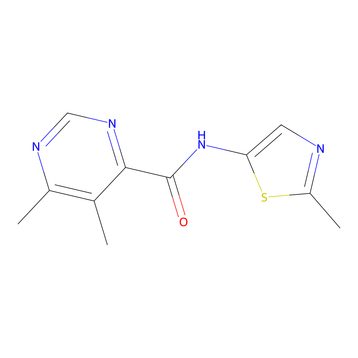 5,6-Dimethyl-N-(2-methyl-1,3-thiazol-5-yl)pyrimidine-4-carboxamide molecular structure, CAS 2415602-07-0