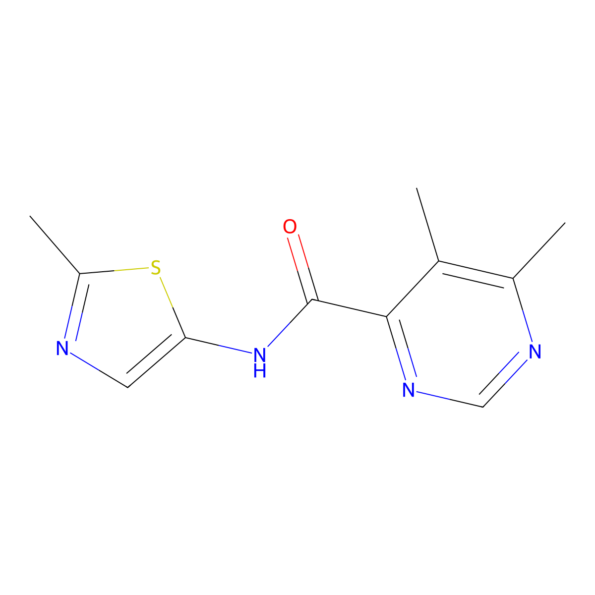 5,6-Dimethyl-N-(2-methyl-1,3-thiazol-5-yl)pyrimidine-4-carboxamide molecular structure, CAS 2415602-07-0