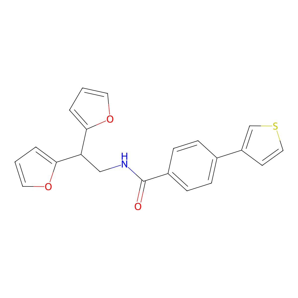 N-[2,2-bis(furan-2-yl)ethyl]-4-(thiophen-3-yl)benzamide molecular structure, CAS 2415602-14-9