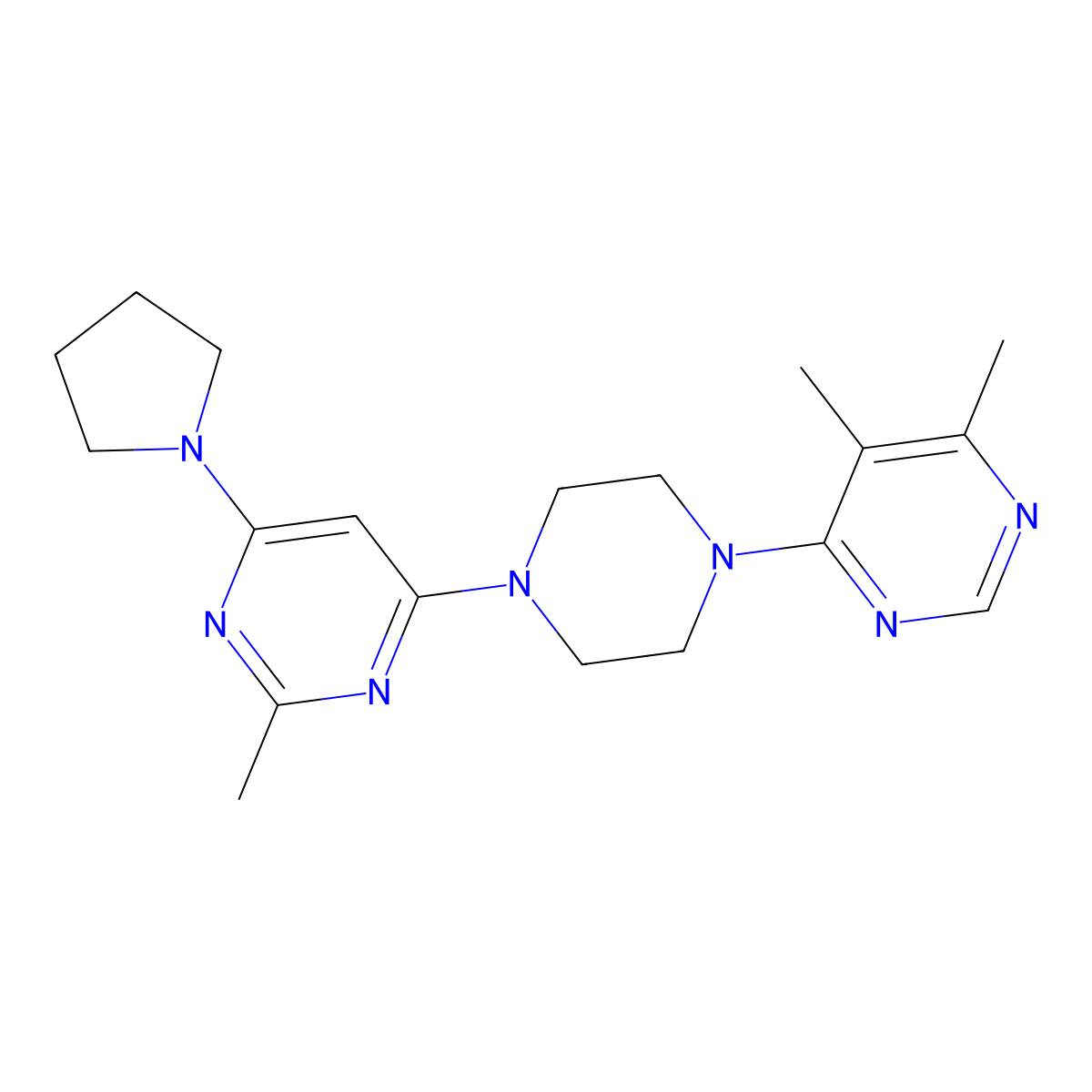 4-[4-(5,6-Dimethylpyrimidin-4-yl)piperazin-1-yl]-2-methyl-6-(pyrrolidin-1-yl)pyrimidine molecular structure, CAS 2415602-17-2