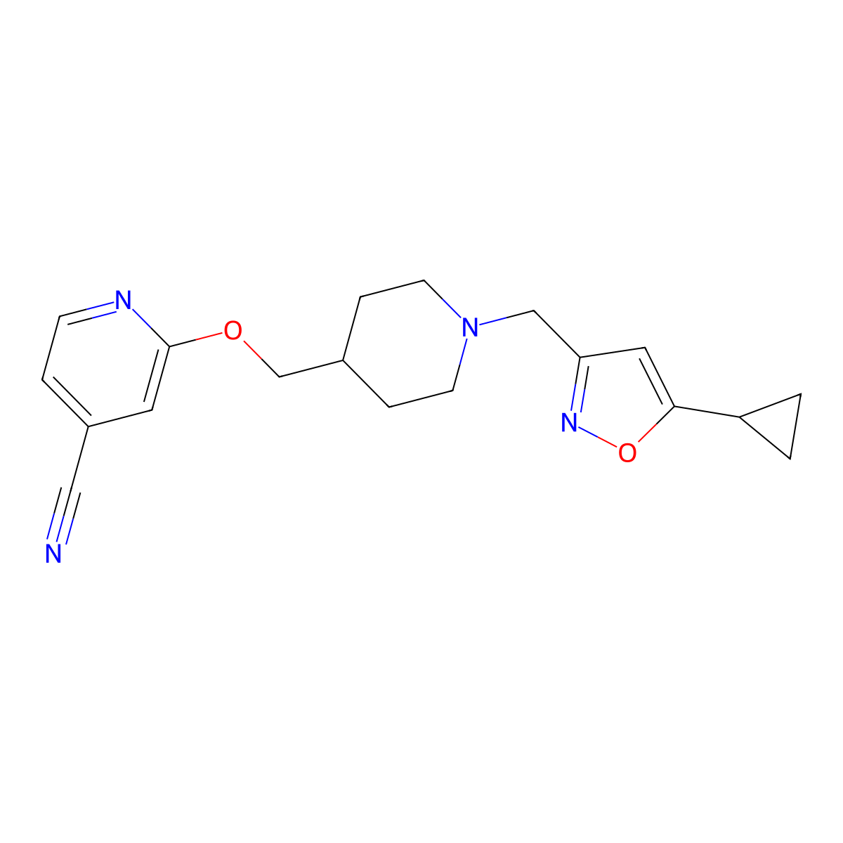 2-({1-[(5-Cyclopropyl-1,2-oxazol-3-yl)methyl]piperidin-4-yl}methoxy)pyridine-4-carbonitrile molecular structure, CAS 2415602-23-0