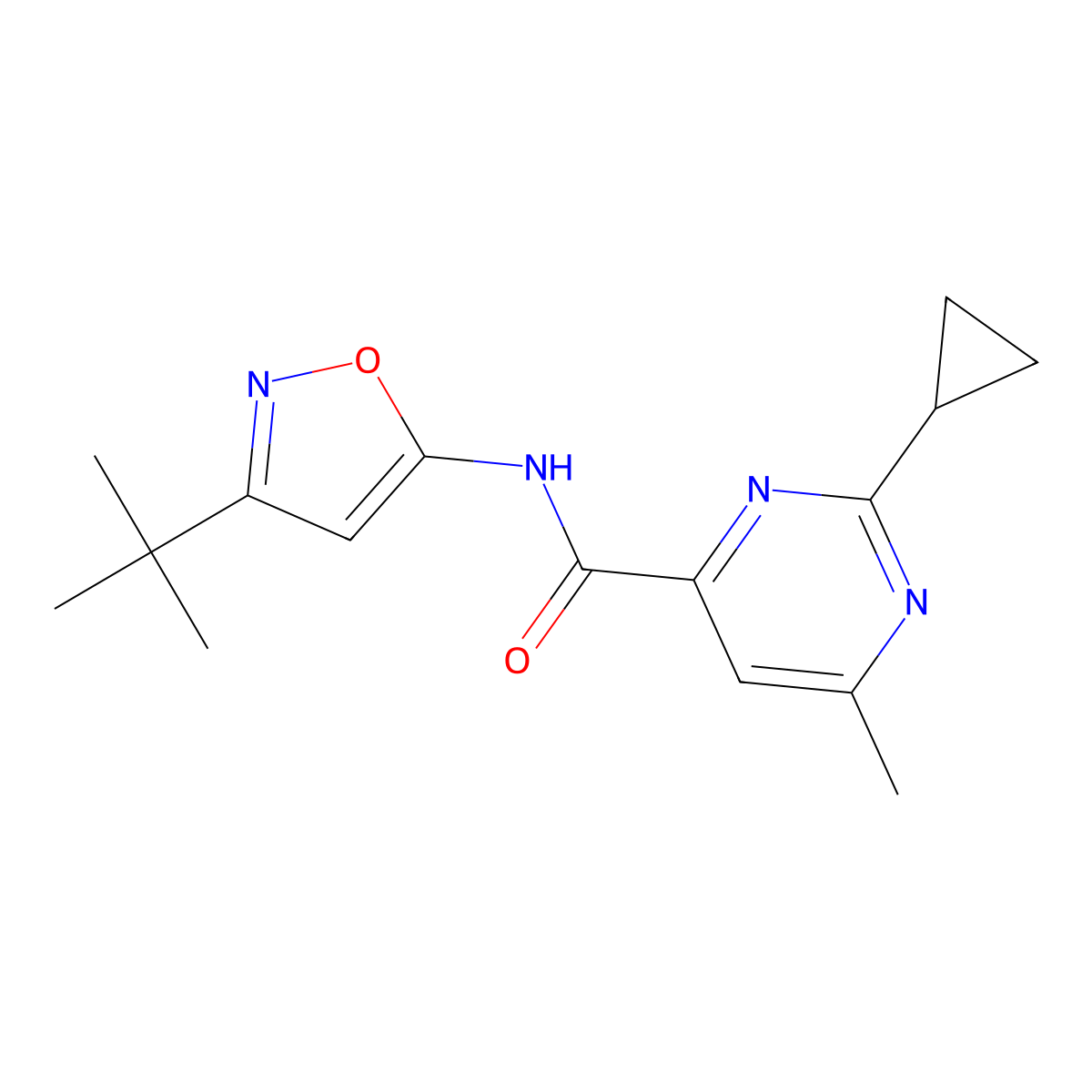 N-(3-Tert-butyl-1,2-oxazol-5-yl)-2-cyclopropyl-6-methylpyrimidine-4-carboxamide molecular structure, CAS 2415602-25-2