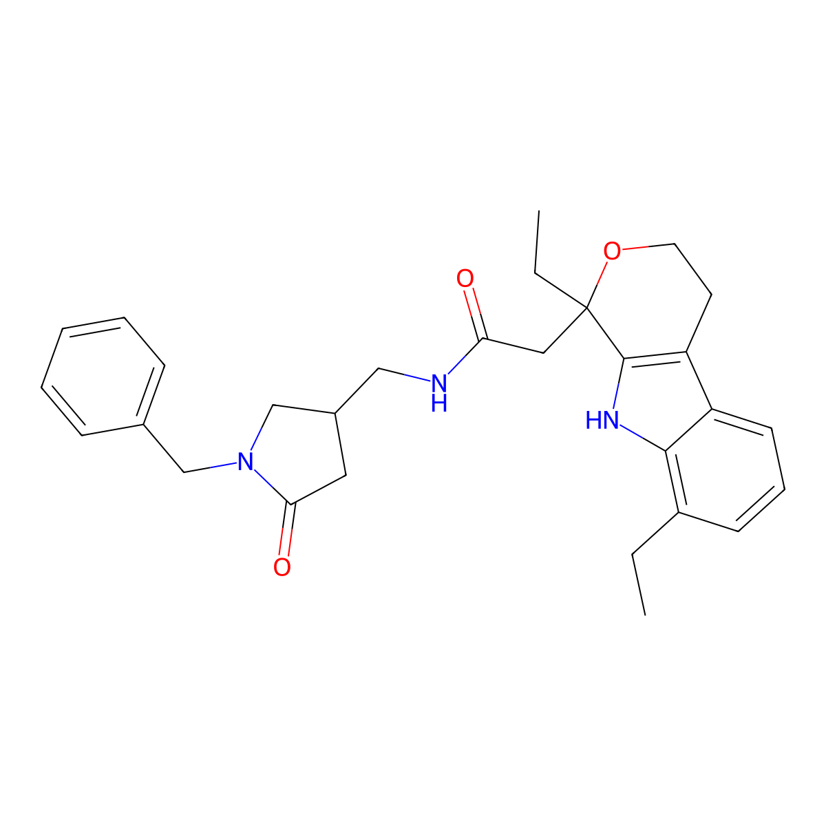 N-[(1-benzyl-5-oxopyrrolidin-3-yl)methyl]-2-{1,8-diethyl-1H,3H,4H,9H-pyrano[3,4-b]indol-1-yl}acetamide molecular structure, CAS 2415602-39-8