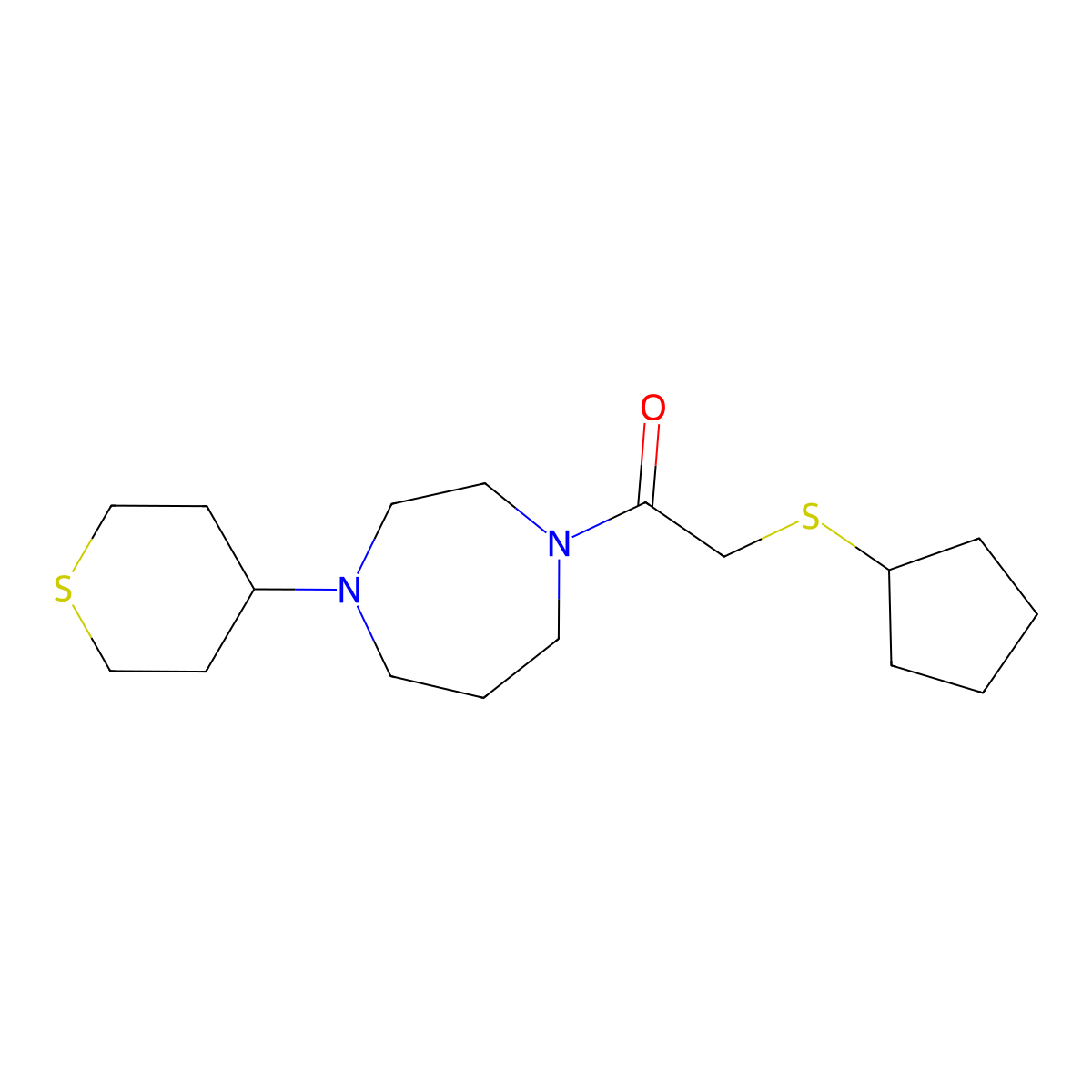 2-(Cyclopentylsulfanyl)-1-[4-(thian-4-yl)-1,4-diazepan-1-yl]ethan-1-one molecular structure, CAS 2415602-44-5