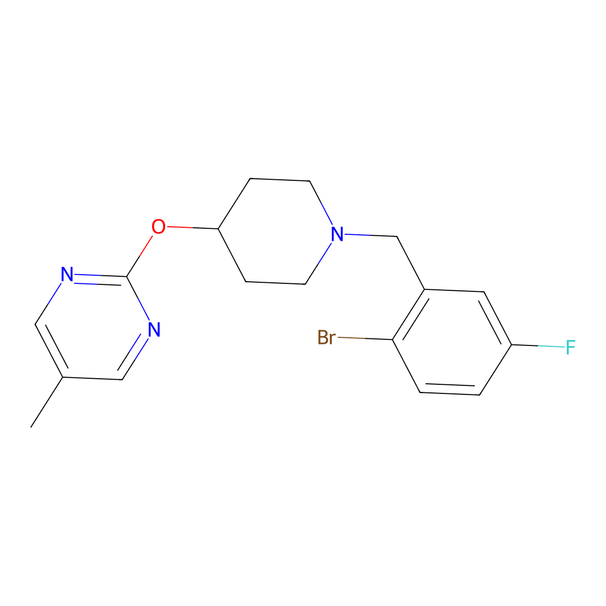 2-({1-[(2-Bromo-5-fluorophenyl)methyl]piperidin-4-yl}oxy)-5-methylpyrimidine molecular structure, CAS 2415602-46-7